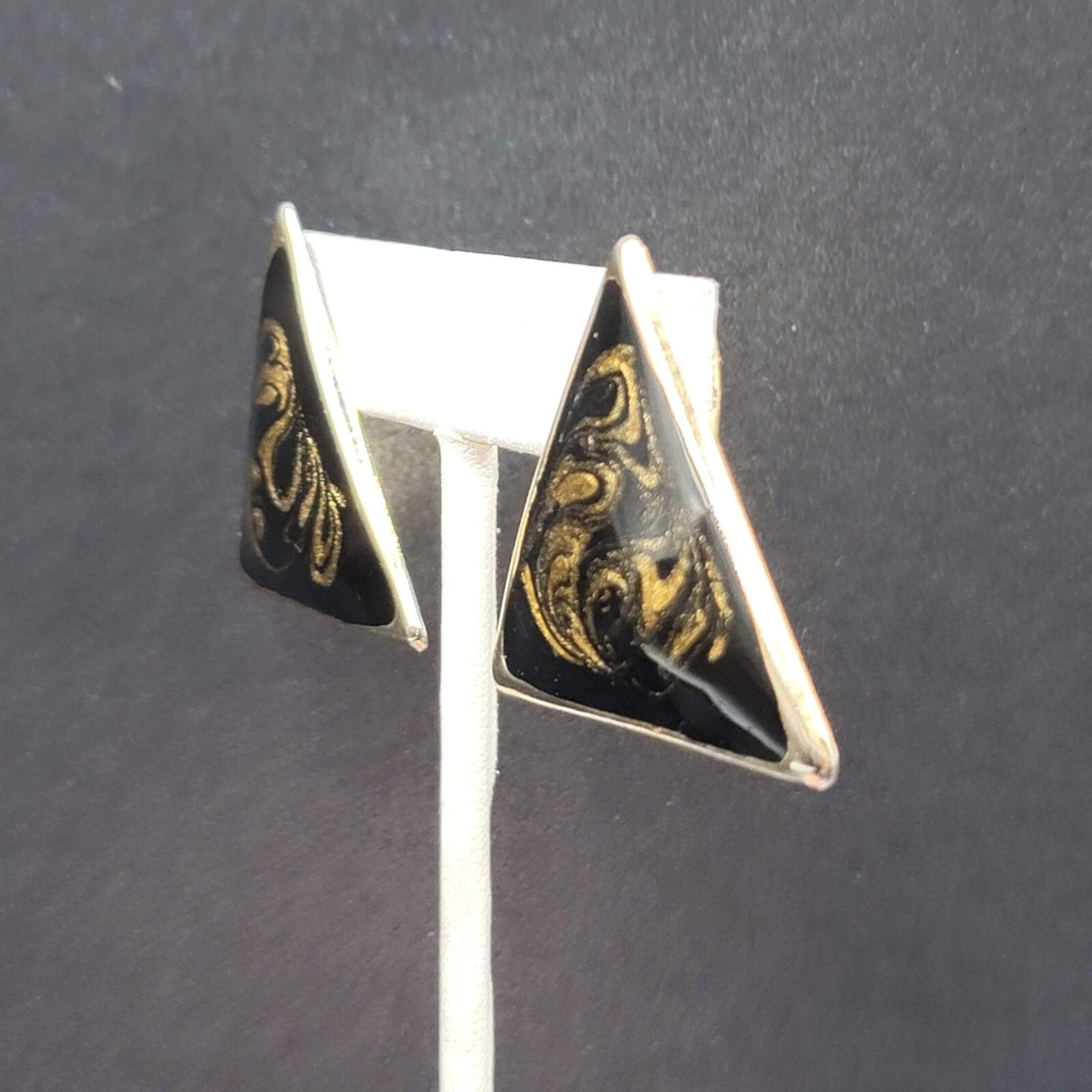 Vintage Clip on Earrings Black Gold Enamel Triangle Large Statement 1 3/8"