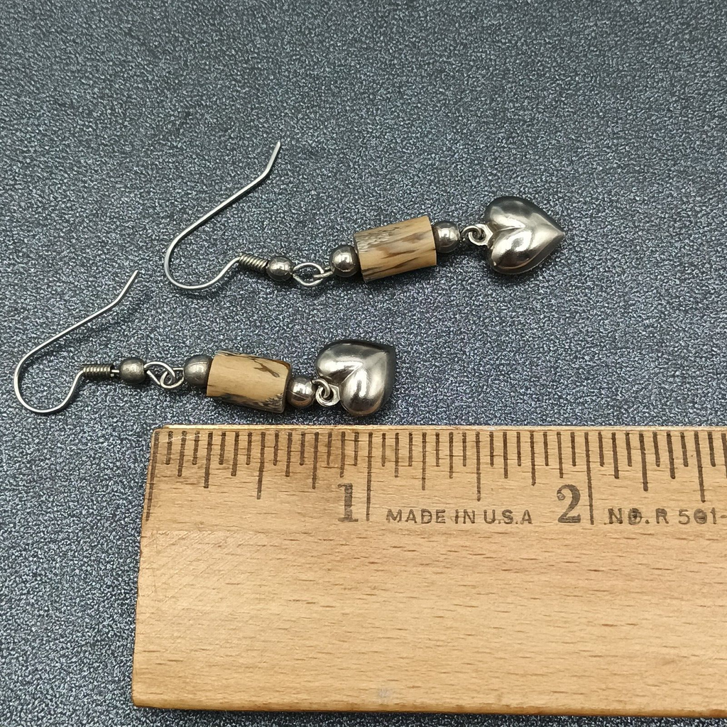 Pierced Earrings Silver tone Heart Acrylic Beaded Dangle 1 1/4"