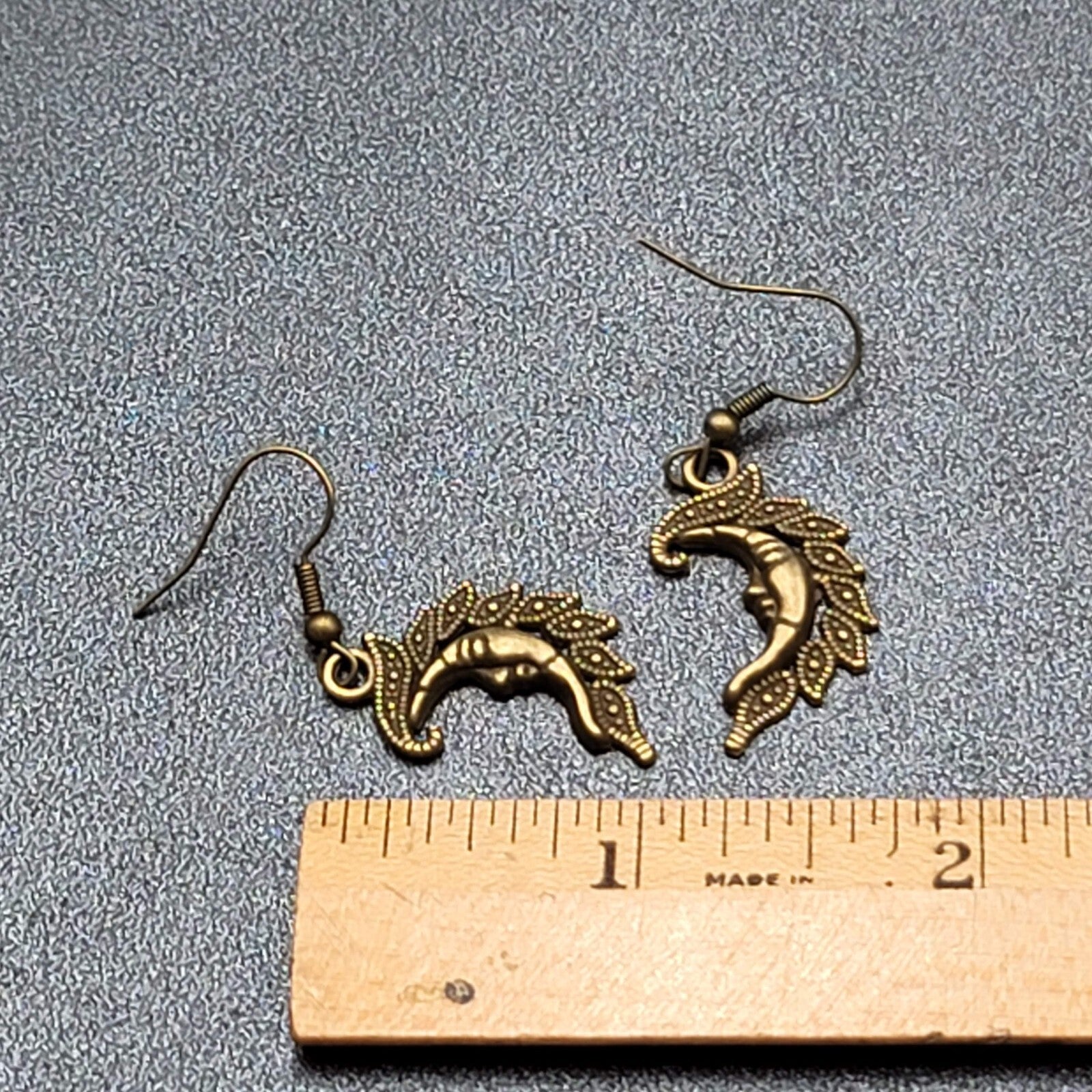 New Moon Face Pierced Earrings Bronze tone Dangle Embossed 1"