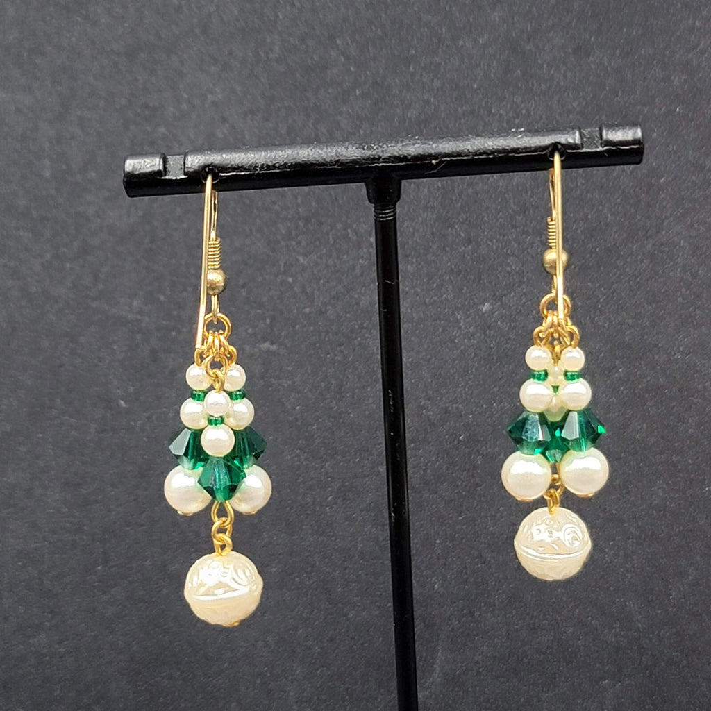 Vintage Pierced Earrings Faux Pearl Green Crystal Beads Dangle 1.5"