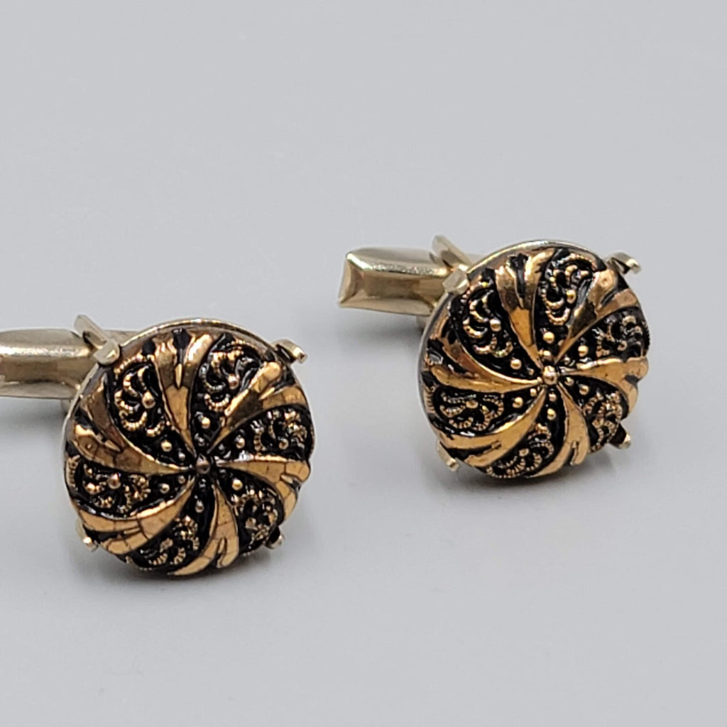 Vintage Gold tone  Mens Cufflinks Black Design Swirl Round Mens Jewelry 3/4"