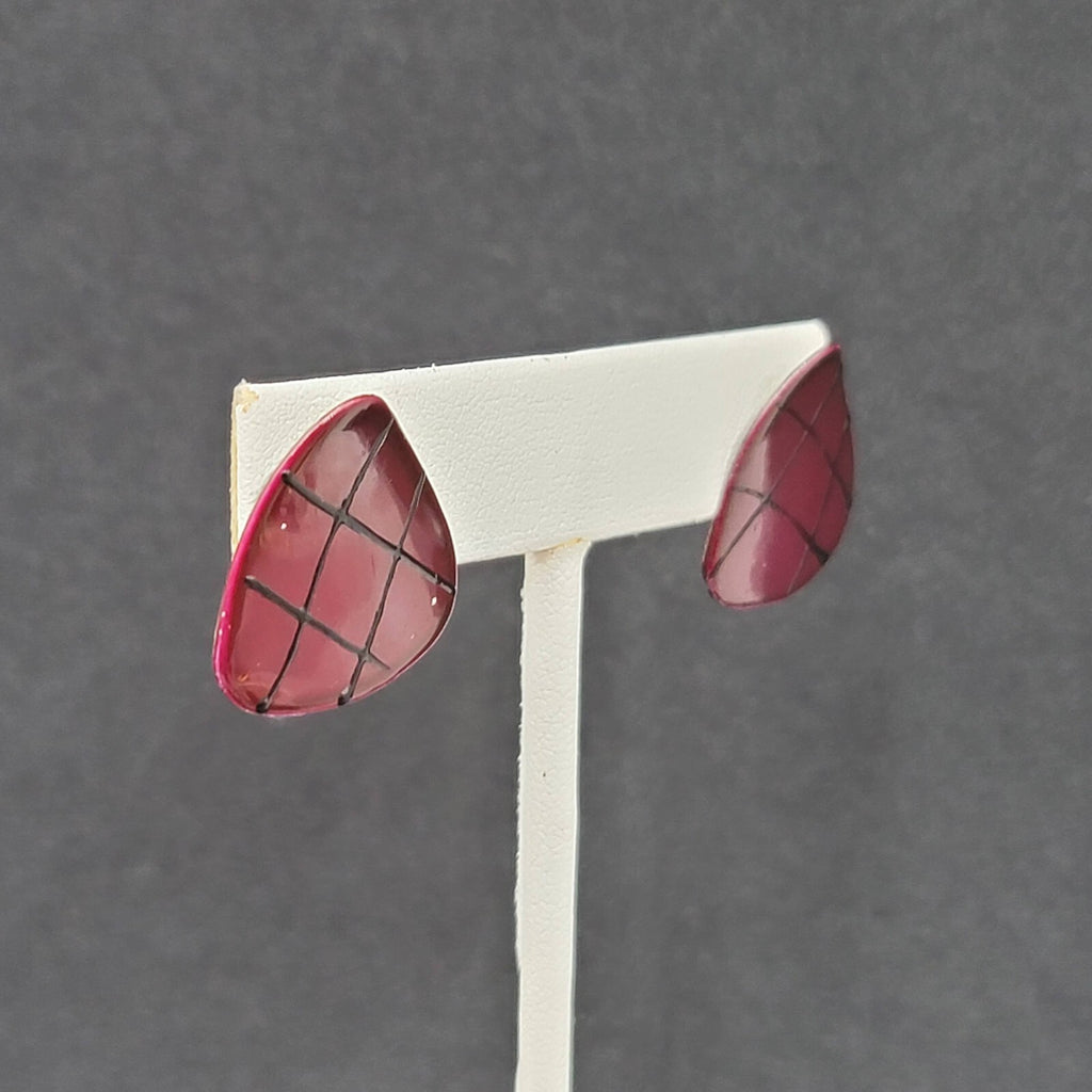 Vintage Pierced Earrings Burgundy Red Black Enamel over Metal Triangle Drop 3/4"