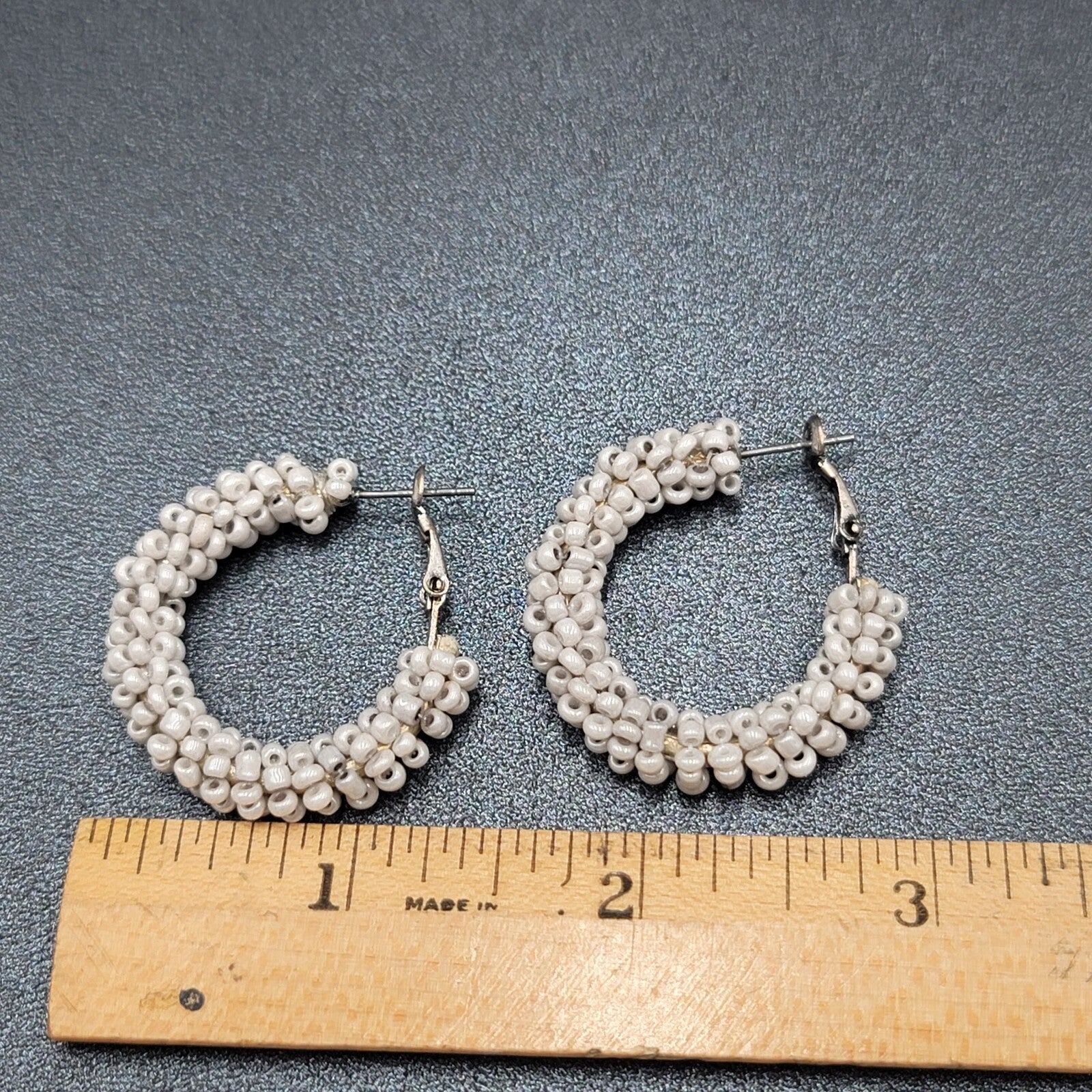 Pierced Earrings Light Gray Seed Bead Covered Hoops 1.25"