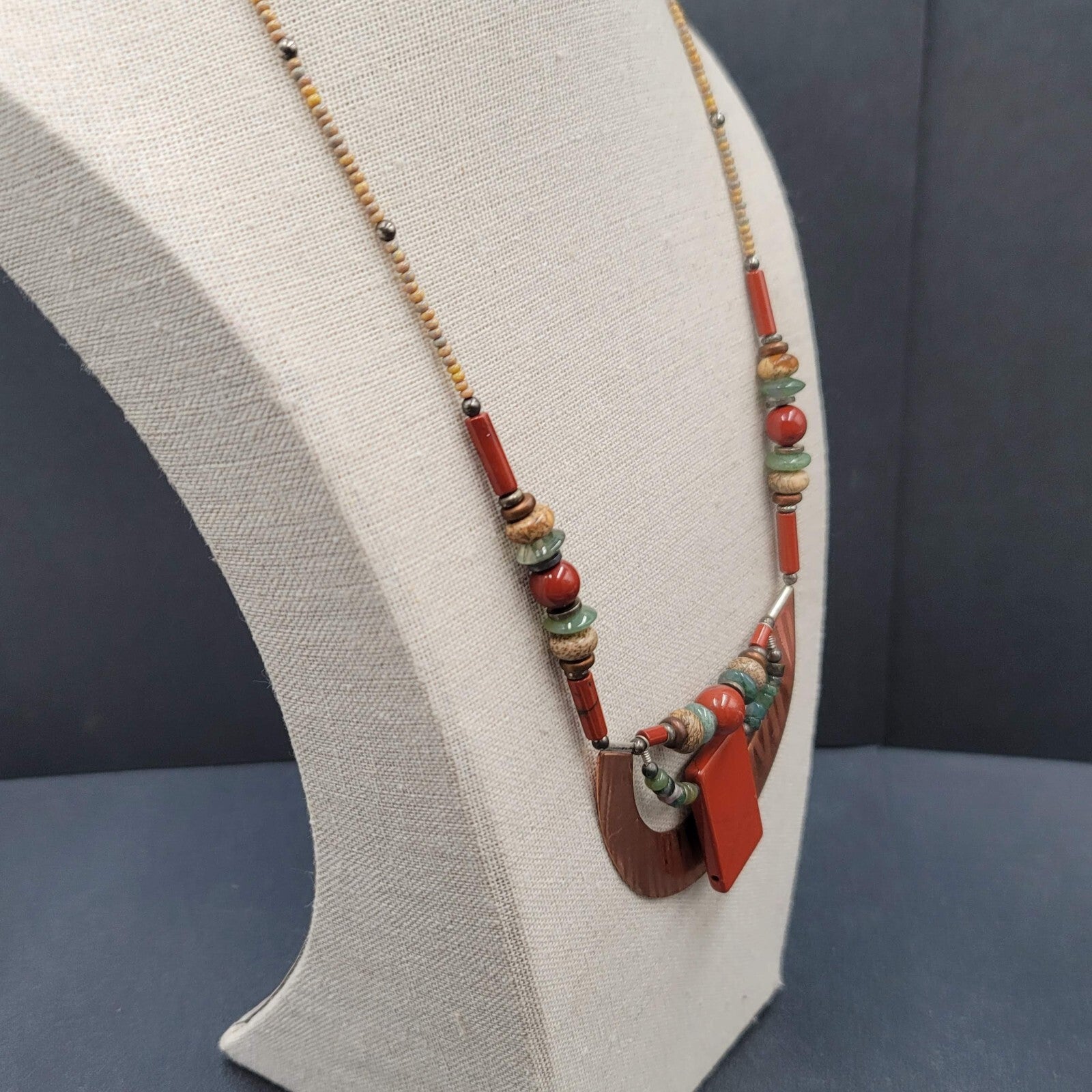 Artisan Necklace Handmade Gemstone Beaded Copper Pendant 20.5" Signed AE