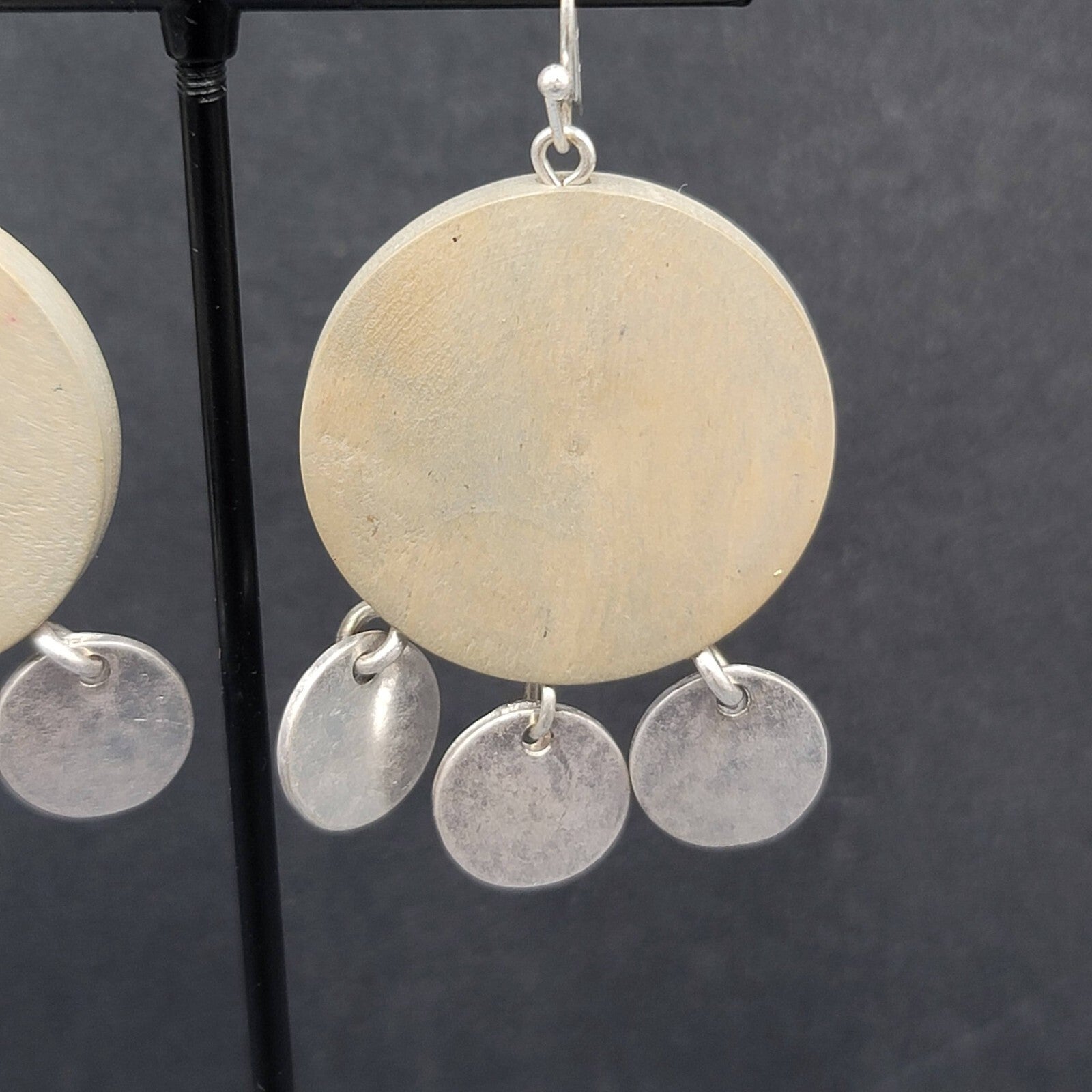 Pierced Earrings Round Wood Silver tone Discs 1.75"