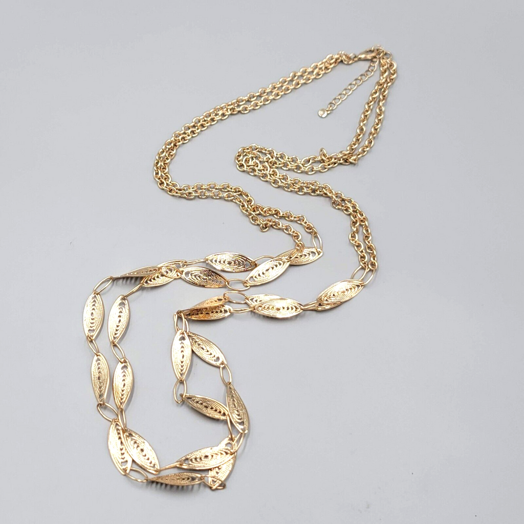 Long Double Chain Necklace Filigree Gold tone 38"-40"