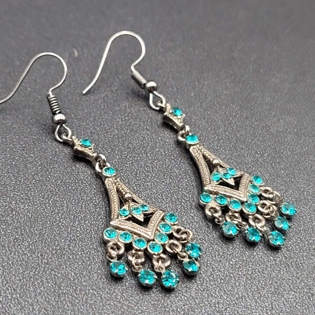 Pierced Earrings Black Metal Bright Blue Rhinestone Dangle Chandelier 1.75"
