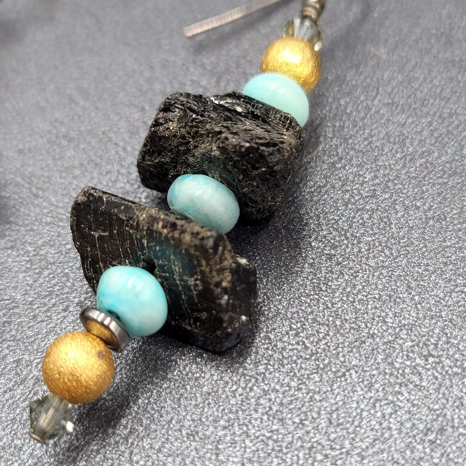 Pierced Earrings Black Raw Stone Blue Gold tone Beads Dangle 2"