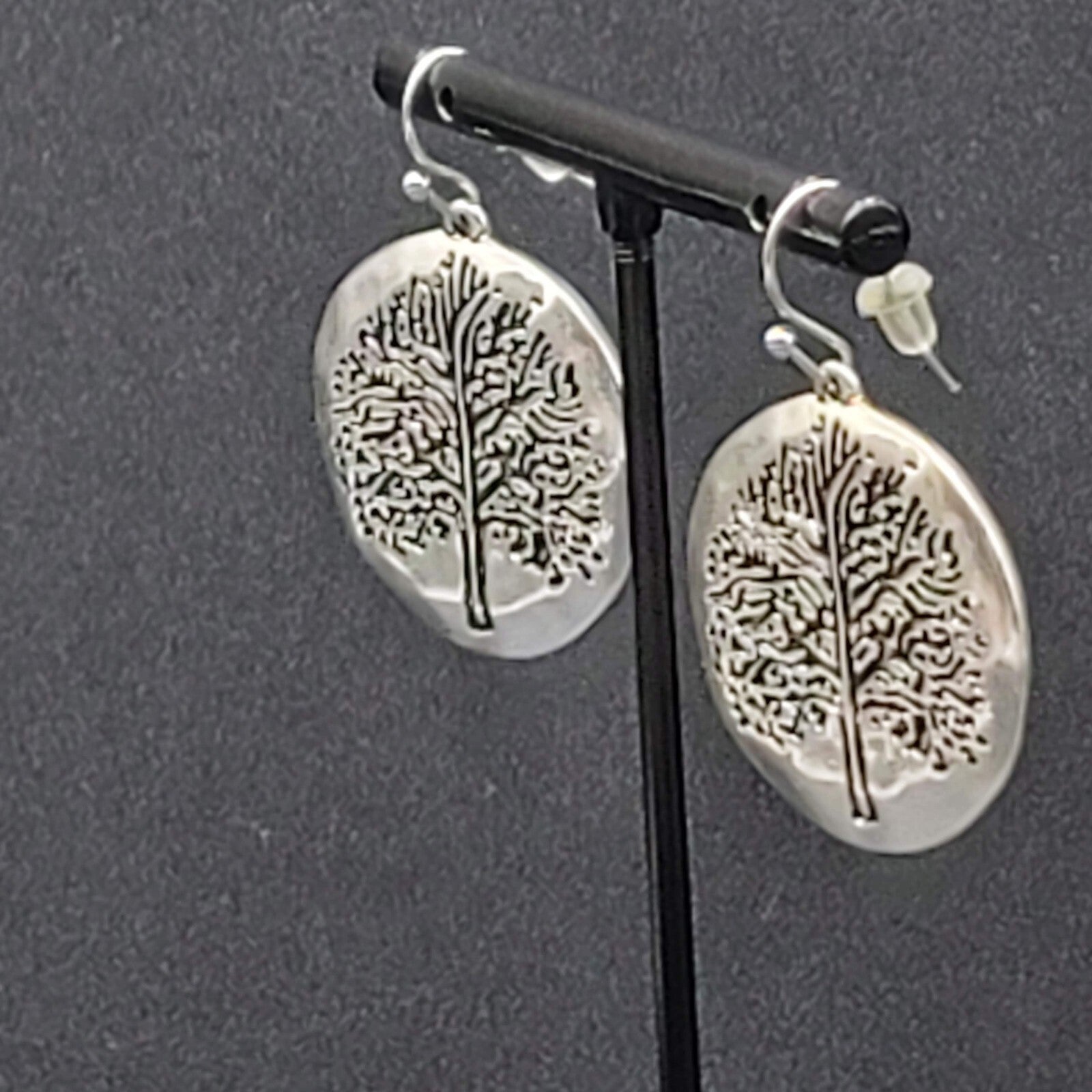 Pierced Earrings Silver tone Embossed Tree Round Dangle 1 1/8"