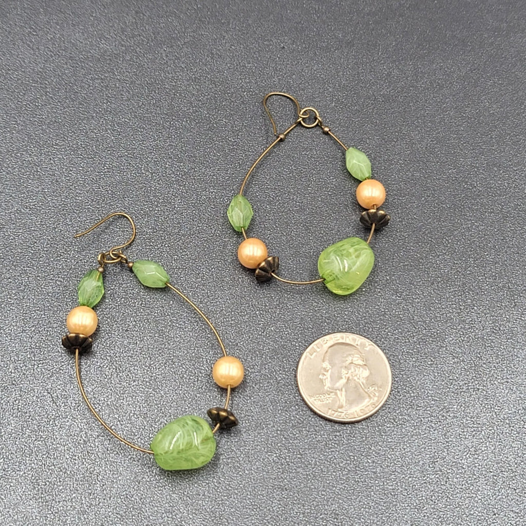 Pierced Earrings Green Bead Faux Pearl Hoops Dangle Statement 2.25"