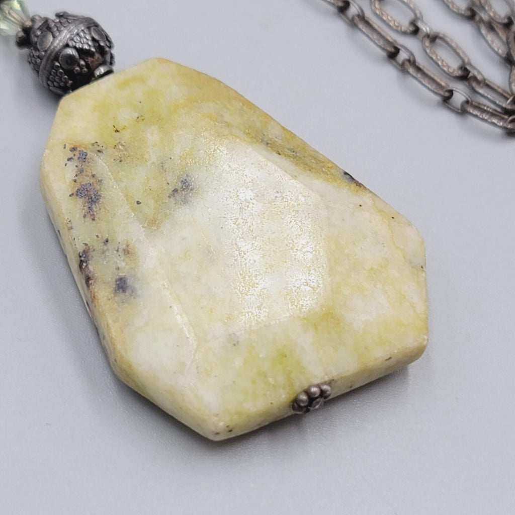 Sterling Silver Necklace Serpentine Stone Pendant Textured Chain 20"