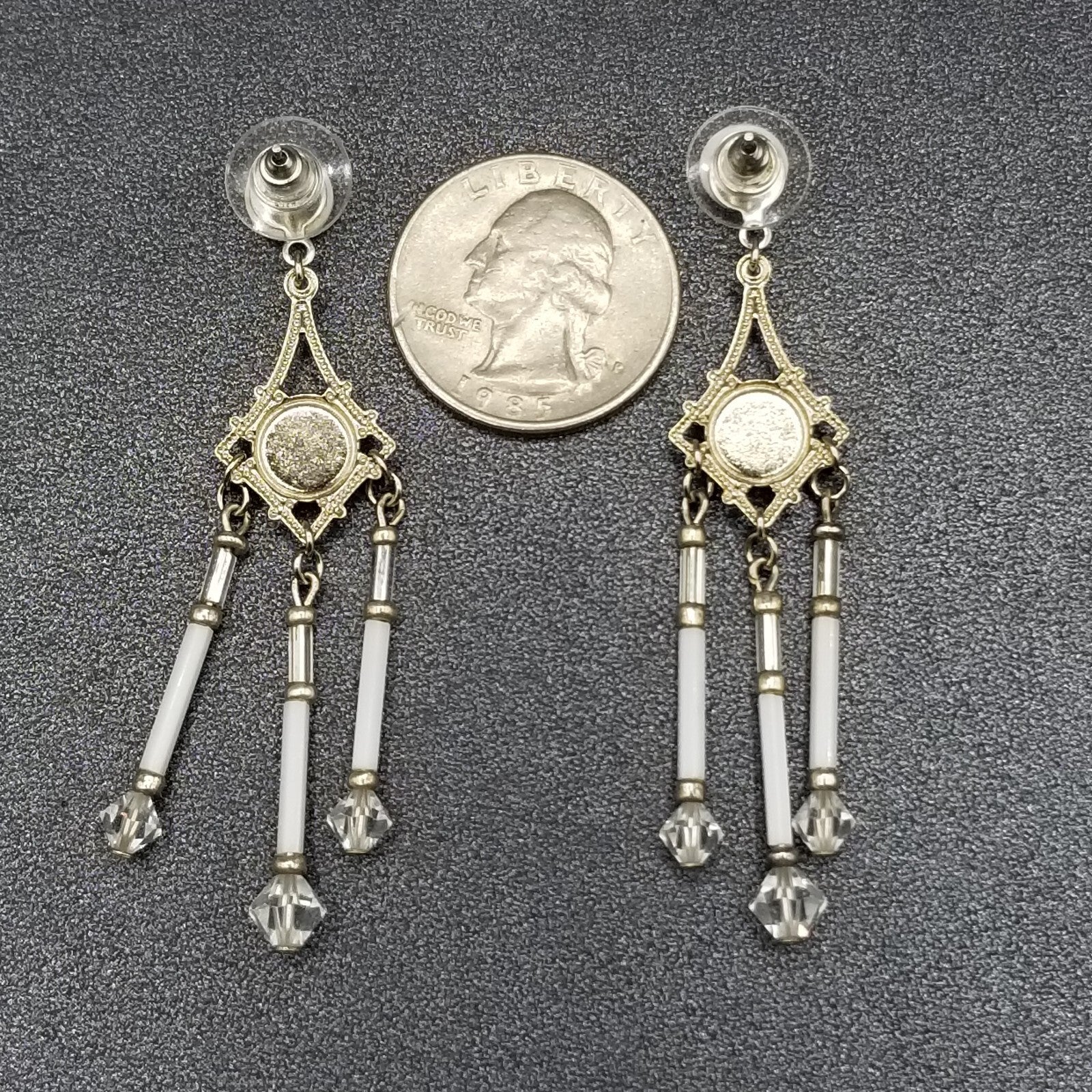 Pierced Earrings Silver tone Open Work Whited Faceted Crystal Dangle 2 1/2"
