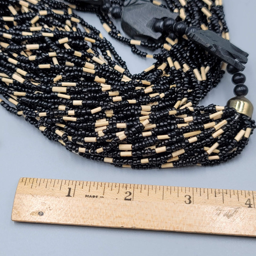 Large Statement Elephant Necklace Black Seed Bead Multi Strand 42"