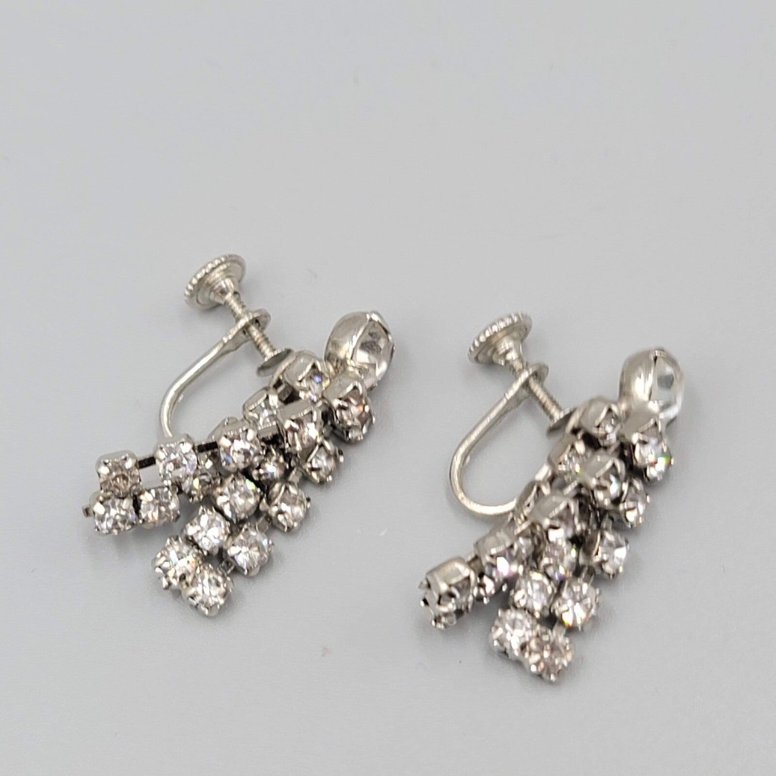 Vintage Rhinestone Clip on Earrings Silver tone Wrapped Dangle Screw Back 1 1/8"