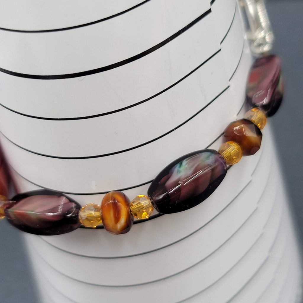 Art glass Bead Bracelet Silver tone Purple Brown Toggle 7"