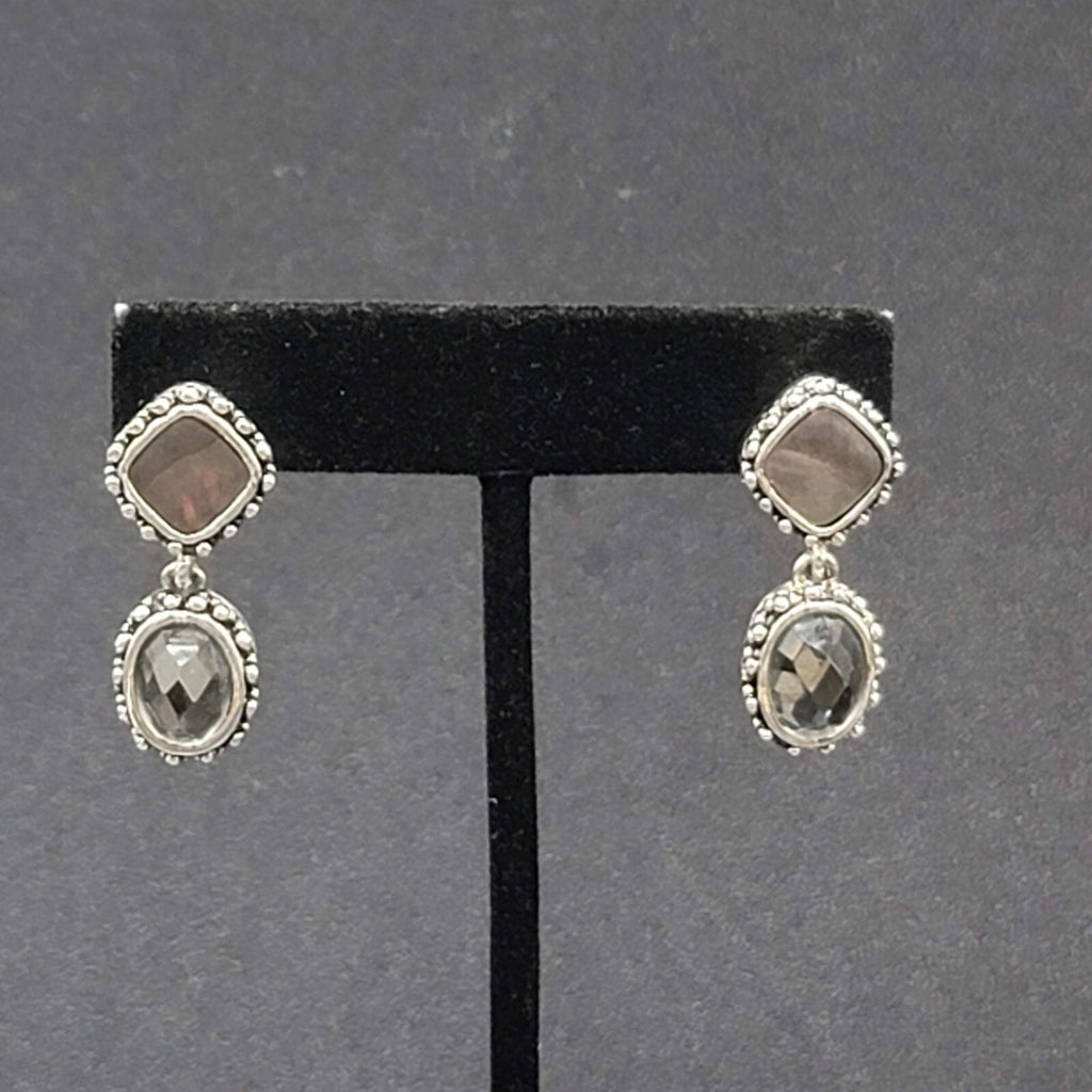 Pierced Earrings Silver tone Abalone Inlay Faceted Glass Dangle 1.25"