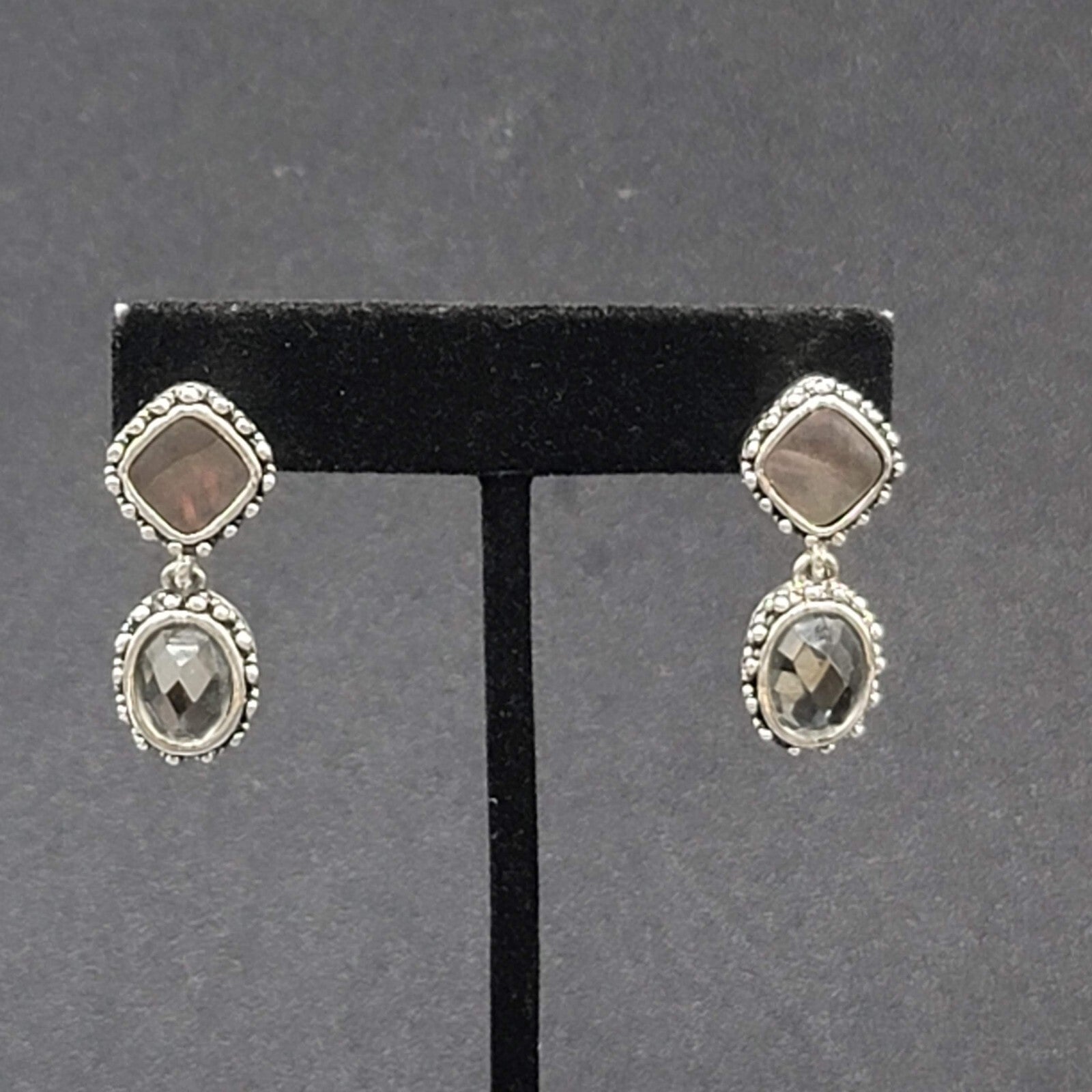Pierced Earrings Silver tone Abalone Inlay Faceted Glass Dangle 1.25"