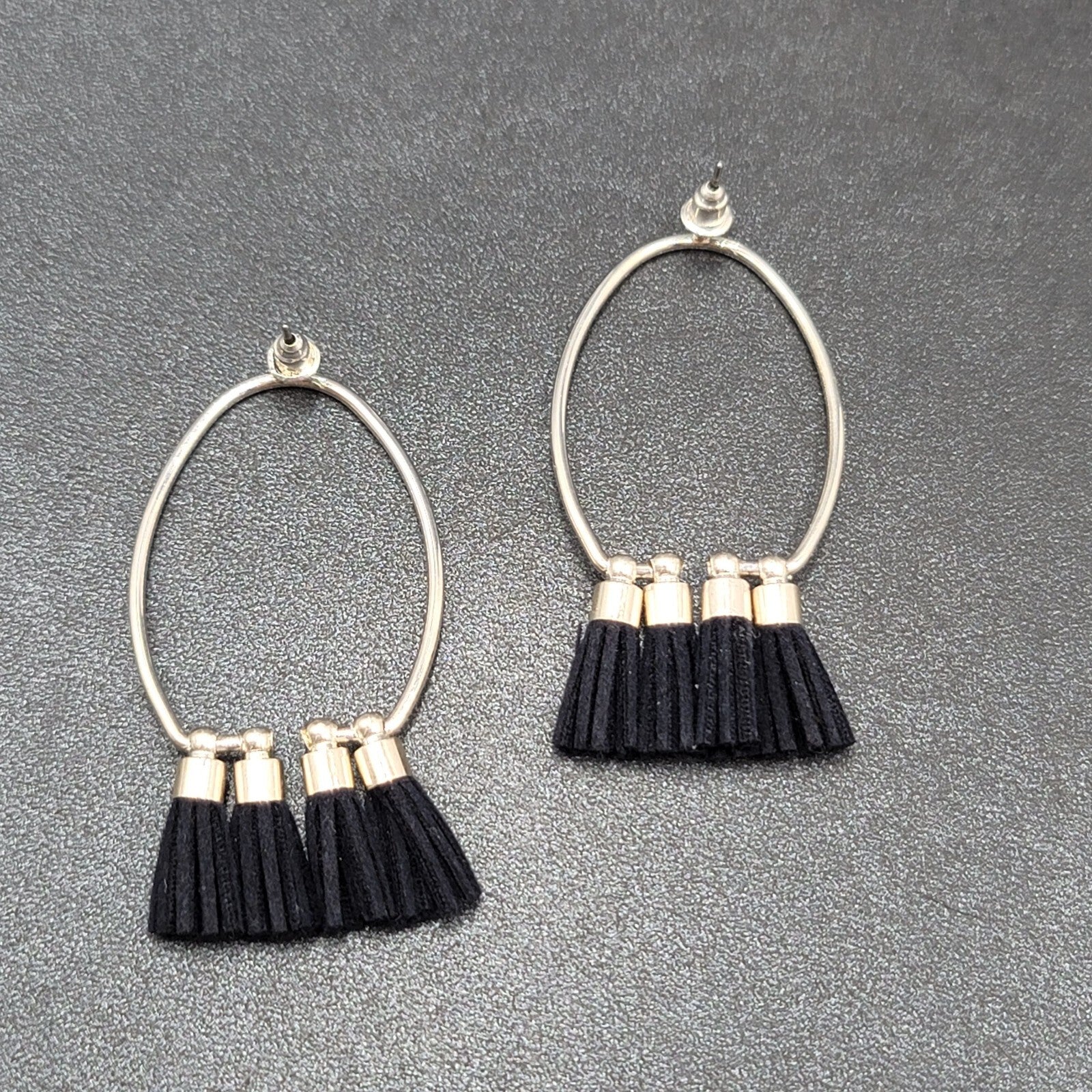 Pierced Earrings Silver tone Open Hoop Black Tassel Drop 2 1/8"