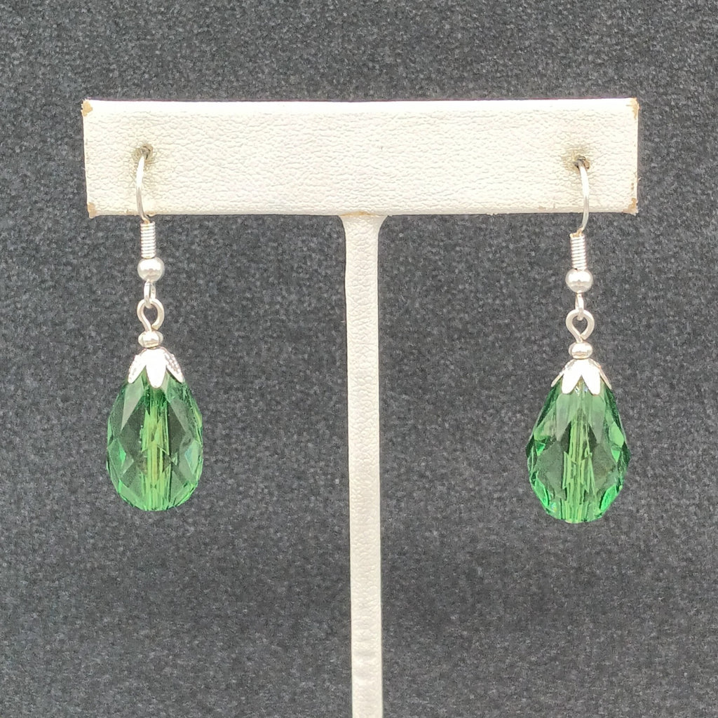 Pierced Earrings Silver tone Acrylic Green Faceted Teardrop Dangle 1"
