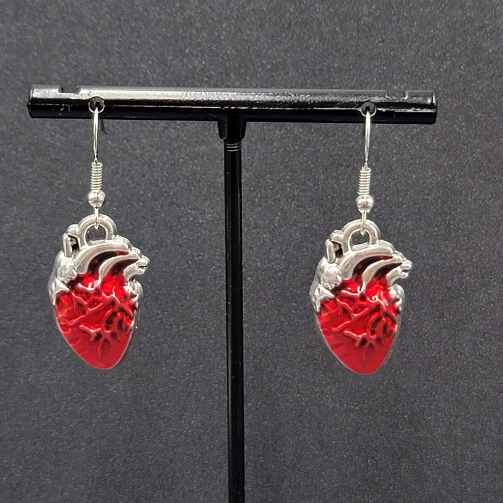 New Anatomical Heart Pierced Earrings Silver tone Red Goth Rock Dangle 1"
