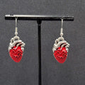 New Anatomical Heart Pierced Earrings Silver tone Red Goth Rock Dangle 1"