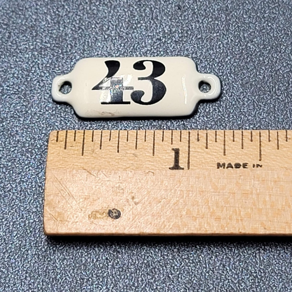 Vintage White Porcelain Metal Tag Plate Plaque Number 43 (1 1/4" x 1/2"
