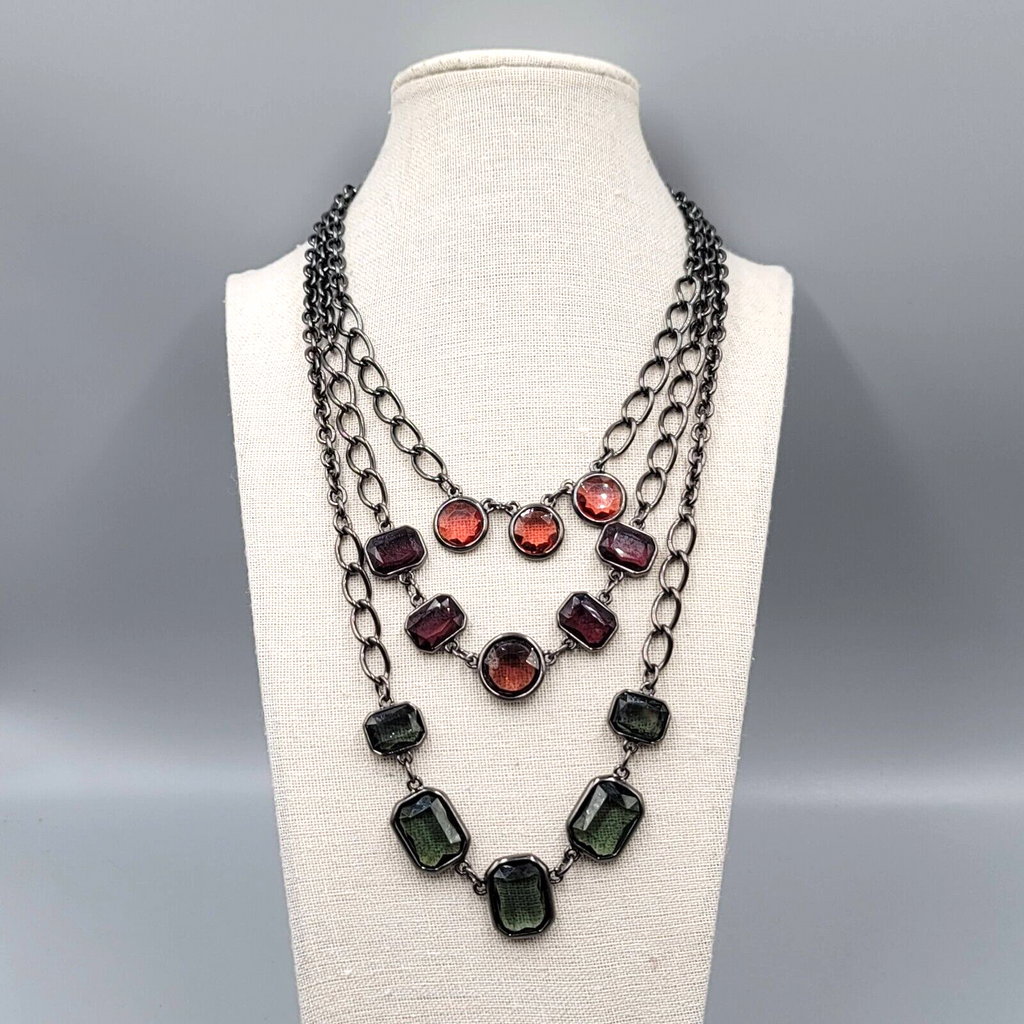 Chicos Triple Strand Necklace Black Chain Red Purple Green 16"-22" +4"
