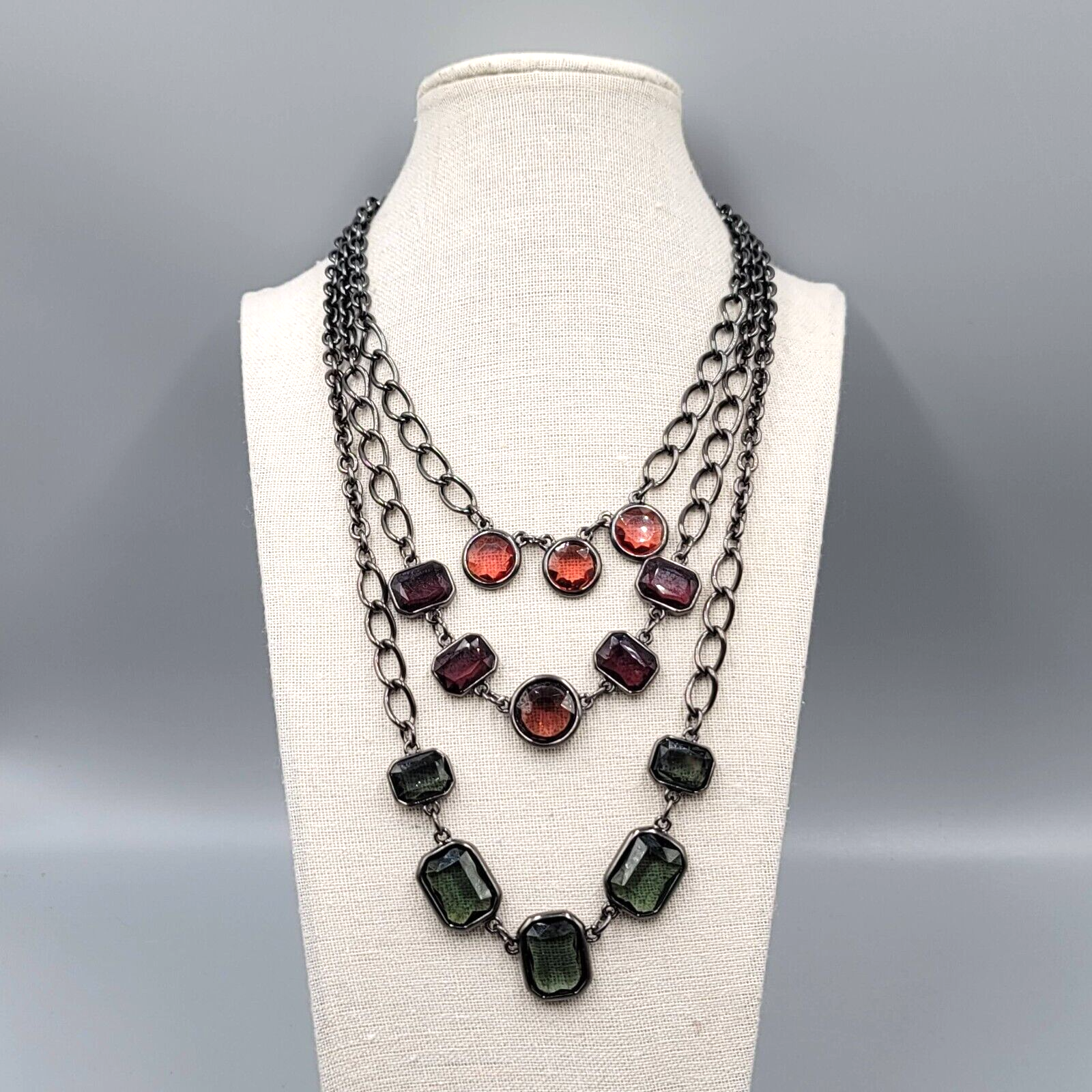 Chicos Triple Strand Necklace Black Chain Red Purple Green 16"-22" +4"