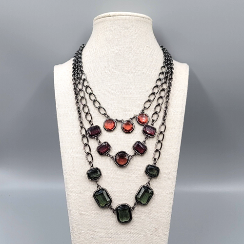 Chicos Triple Strand Necklace Black Chain Red Purple Green 16"-22" +4"