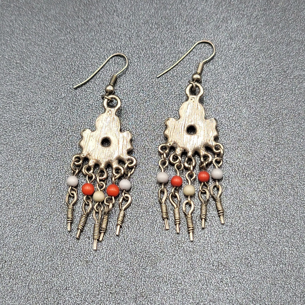 Boho Pierced Earrings Silver tone Beaded Chandelier 2.25"