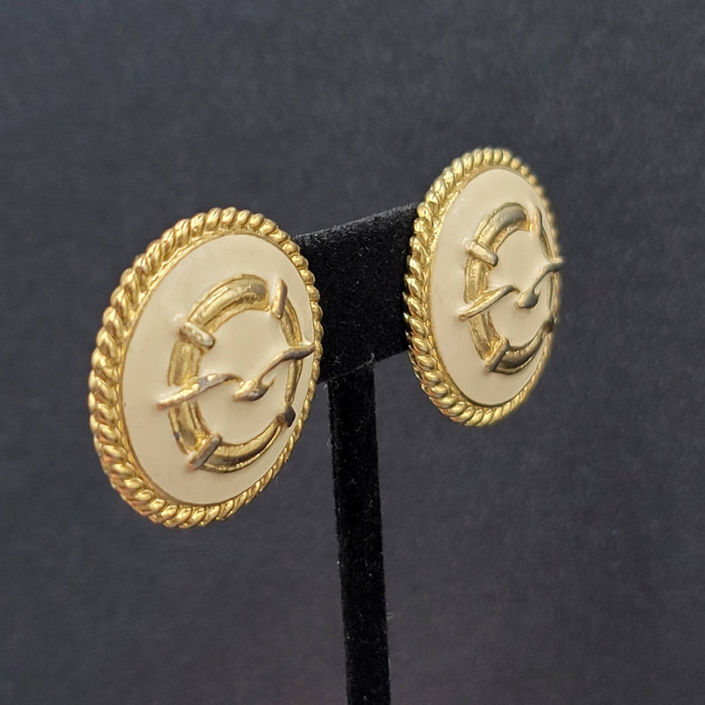 Vintage Clip on Earrings Gold Plated White Enamel Seagull Nautical Round 1 1/8"