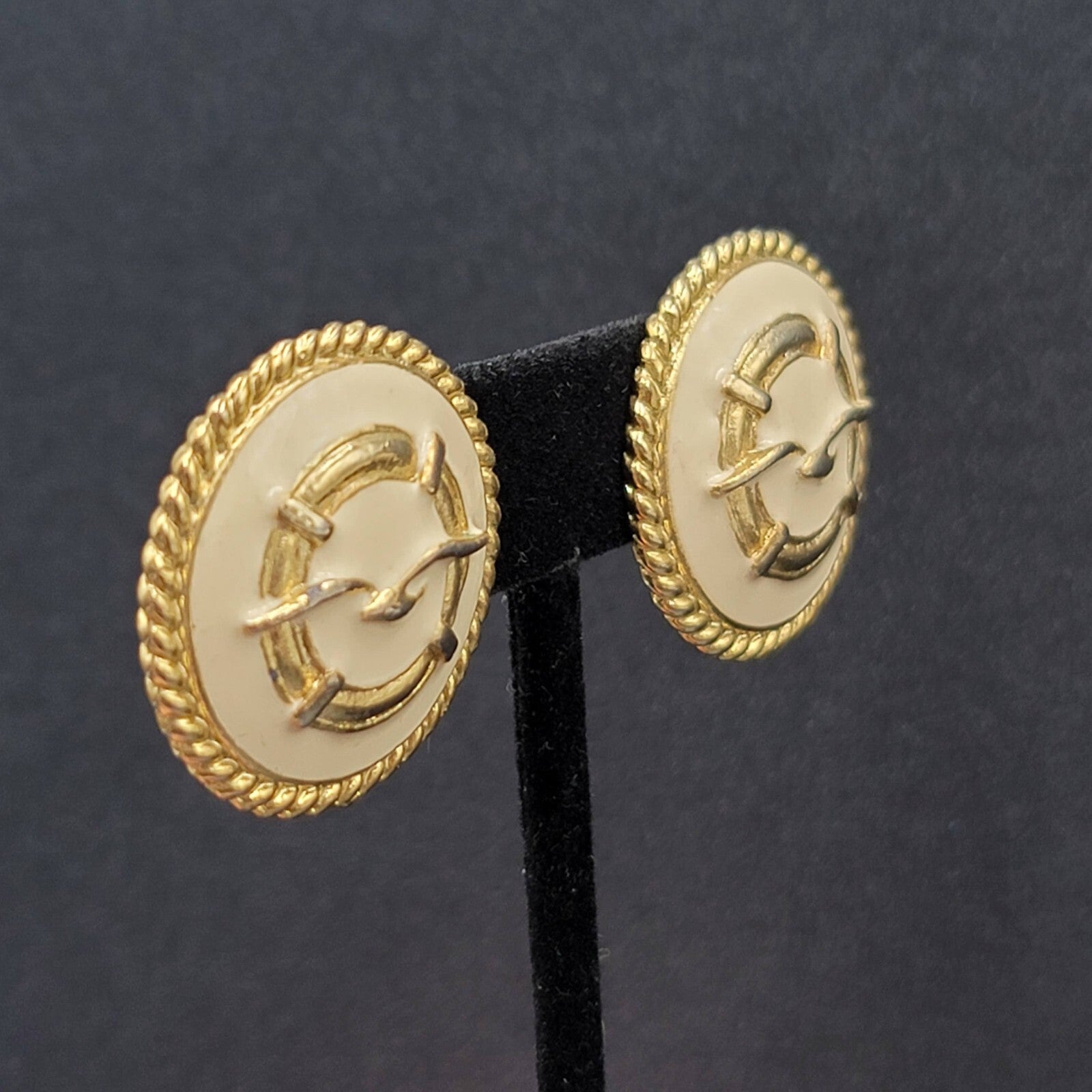 Vintage Clip on Earrings Gold Plated White Enamel Seagull Nautical Round 1 1/8"