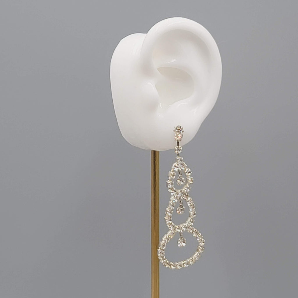 Long Rhinestone Pierced Earrings Silver tone Dangle Open Circles 2.75"
