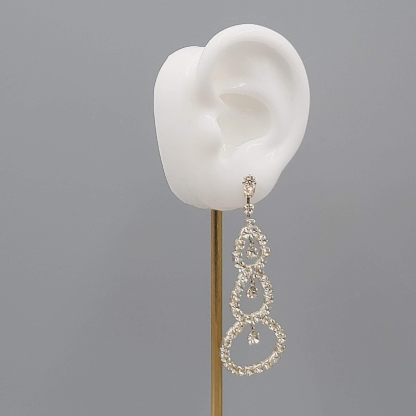 Long Rhinestone Pierced Earrings Silver tone Dangle Open Circles 2.75"