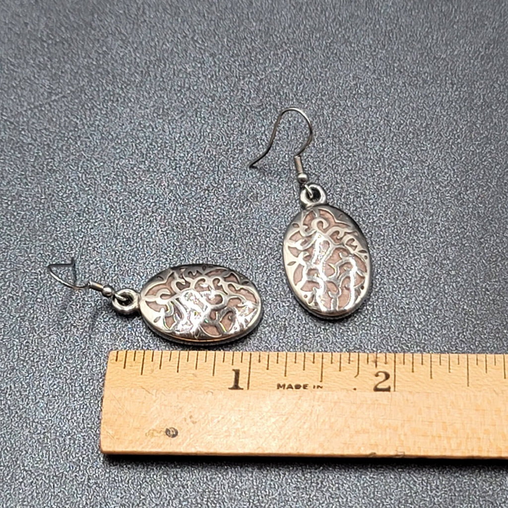 Pierced Earrings Silver tone Stainless Steel Oval Peach Enamel Dangle 1 1/8"
