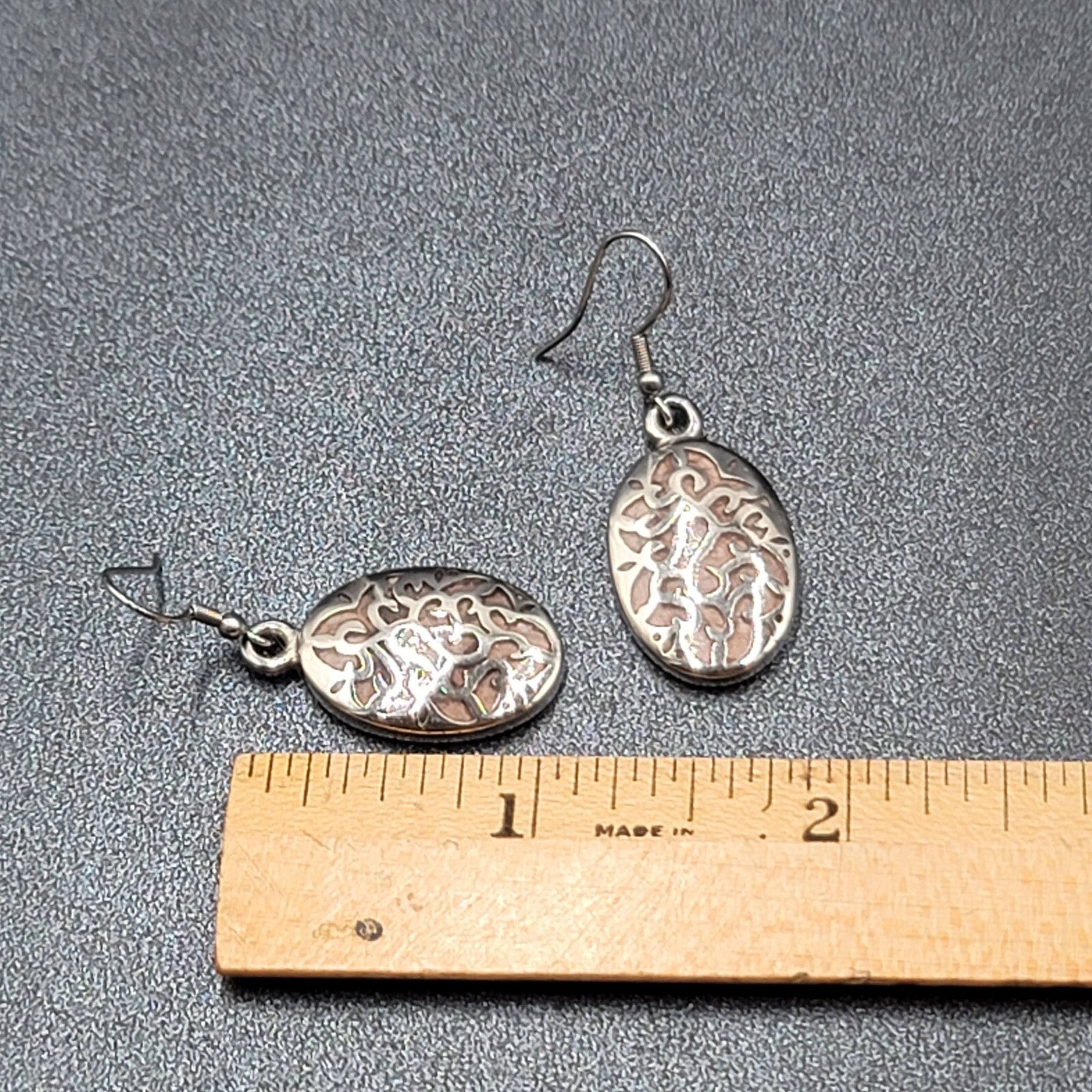 Pierced Earrings Silver tone Stainless Steel Oval Peach Enamel Dangle 1 1/8"