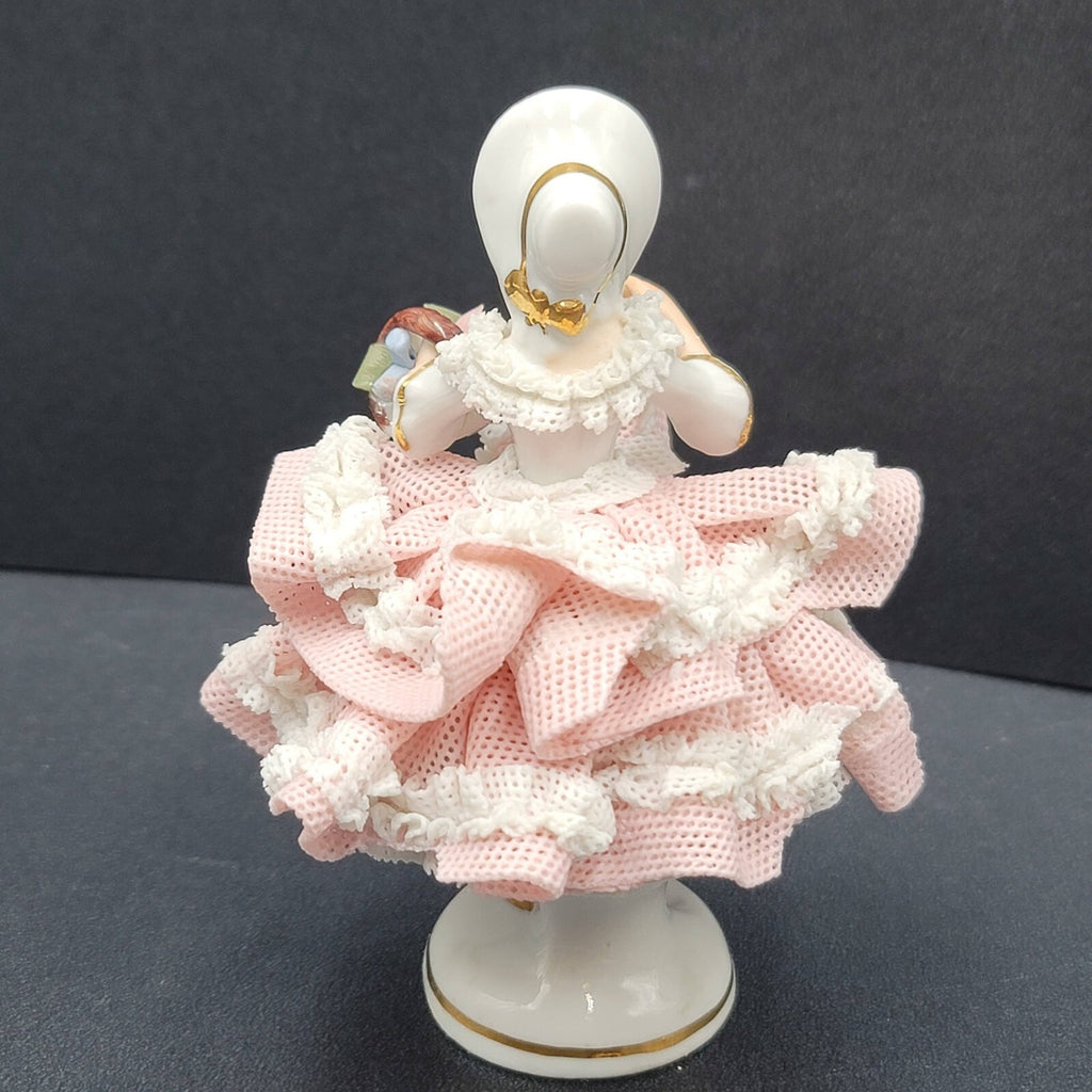 Dresden Porcelain Lace Lady in Bonnet Figurine Flowers 4 in