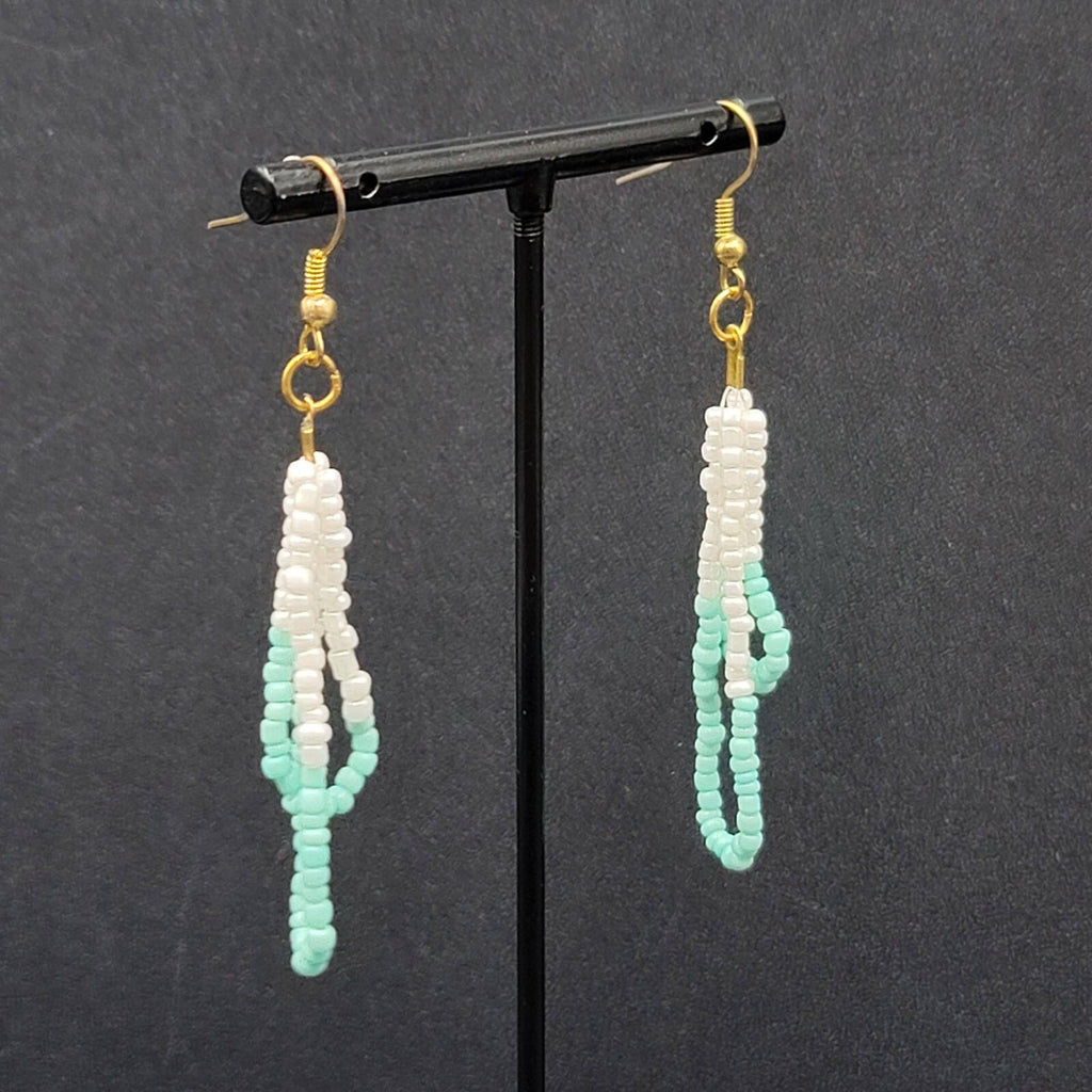 Pierced Earrings White Mint Green Seed Bead Dangle Loops 2.25"