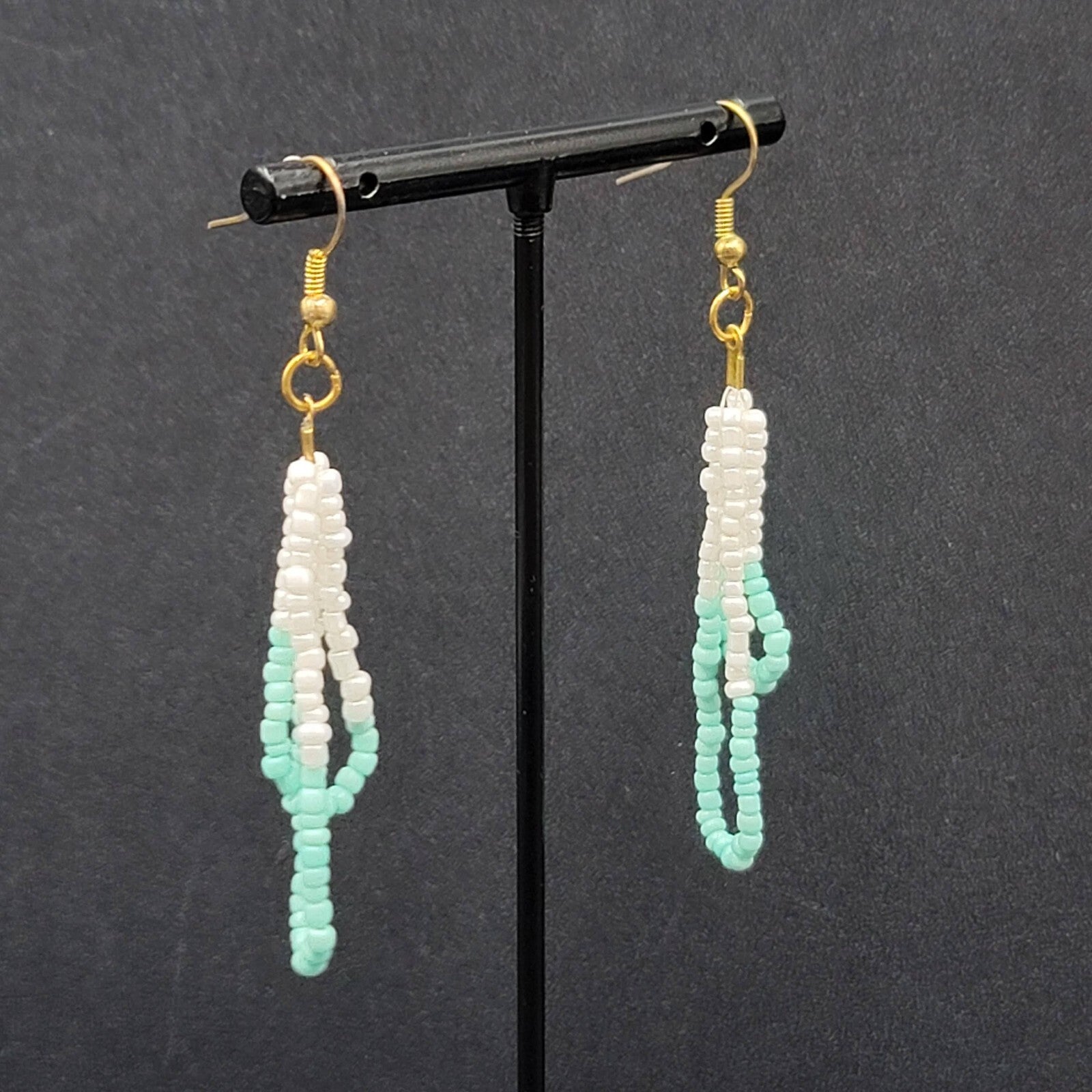 Pierced Earrings White Mint Green Seed Bead Dangle Loops 2.25"