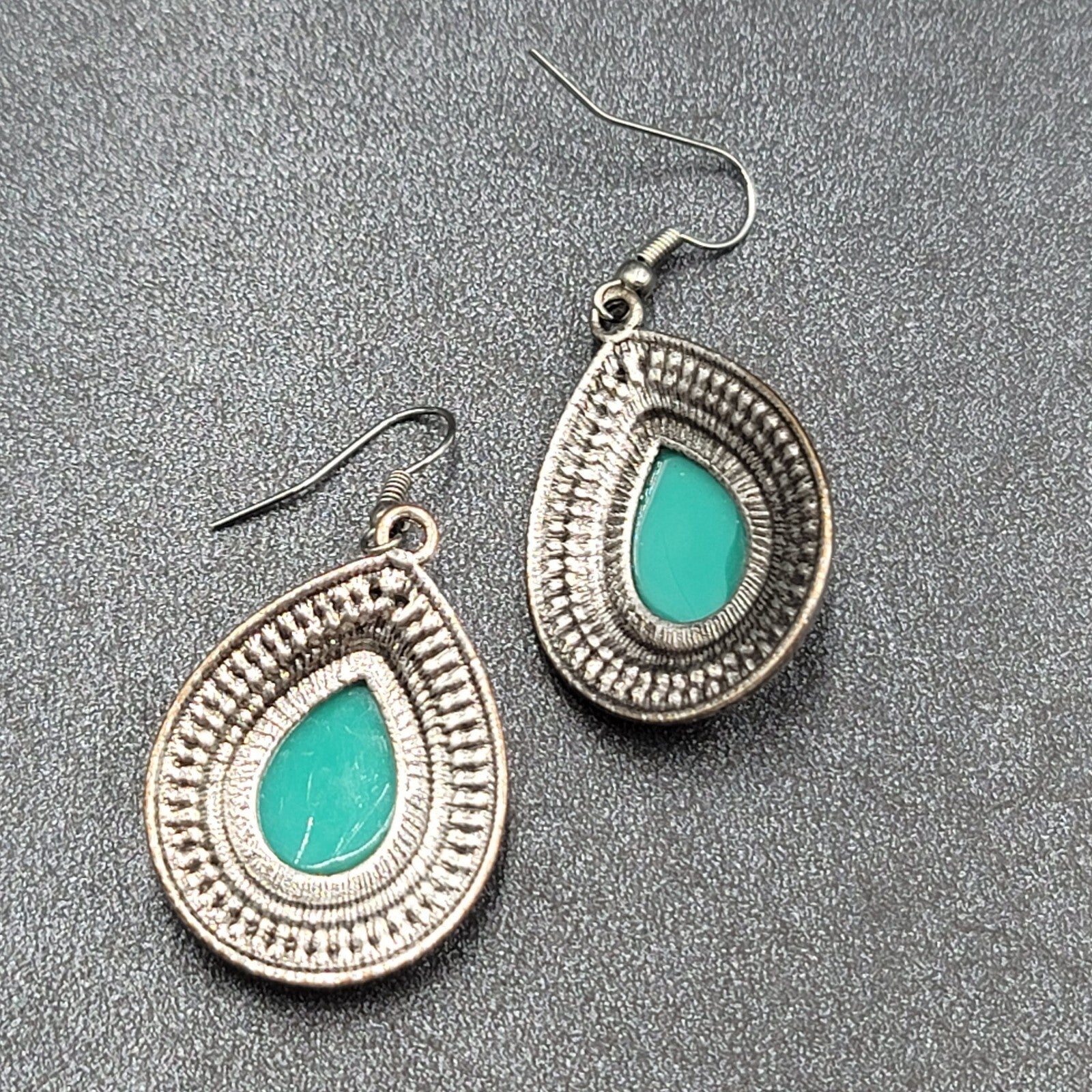 Pierced Earrings Silver tone Faux Resin Turquoise Blue Teardrop Dangle 1 3/8"