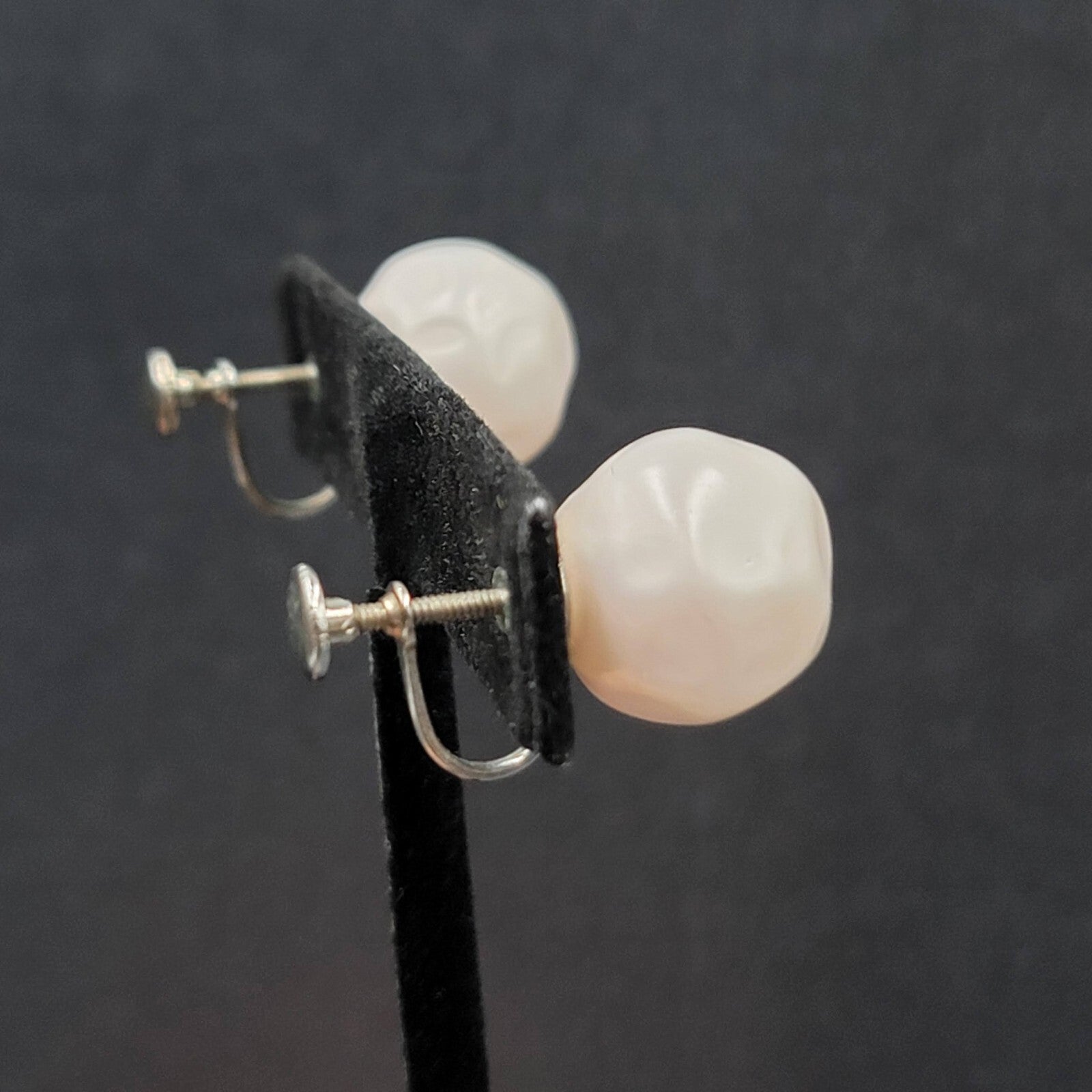 Vintage Clip on Earrings Silver tone Large White Molded Studs Screw Back 5/8"