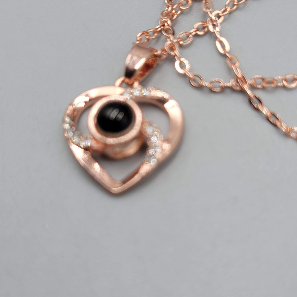 I LOVE YOU in 100 Languages Light Projection Heart Necklace Rose Gold tone 16"+