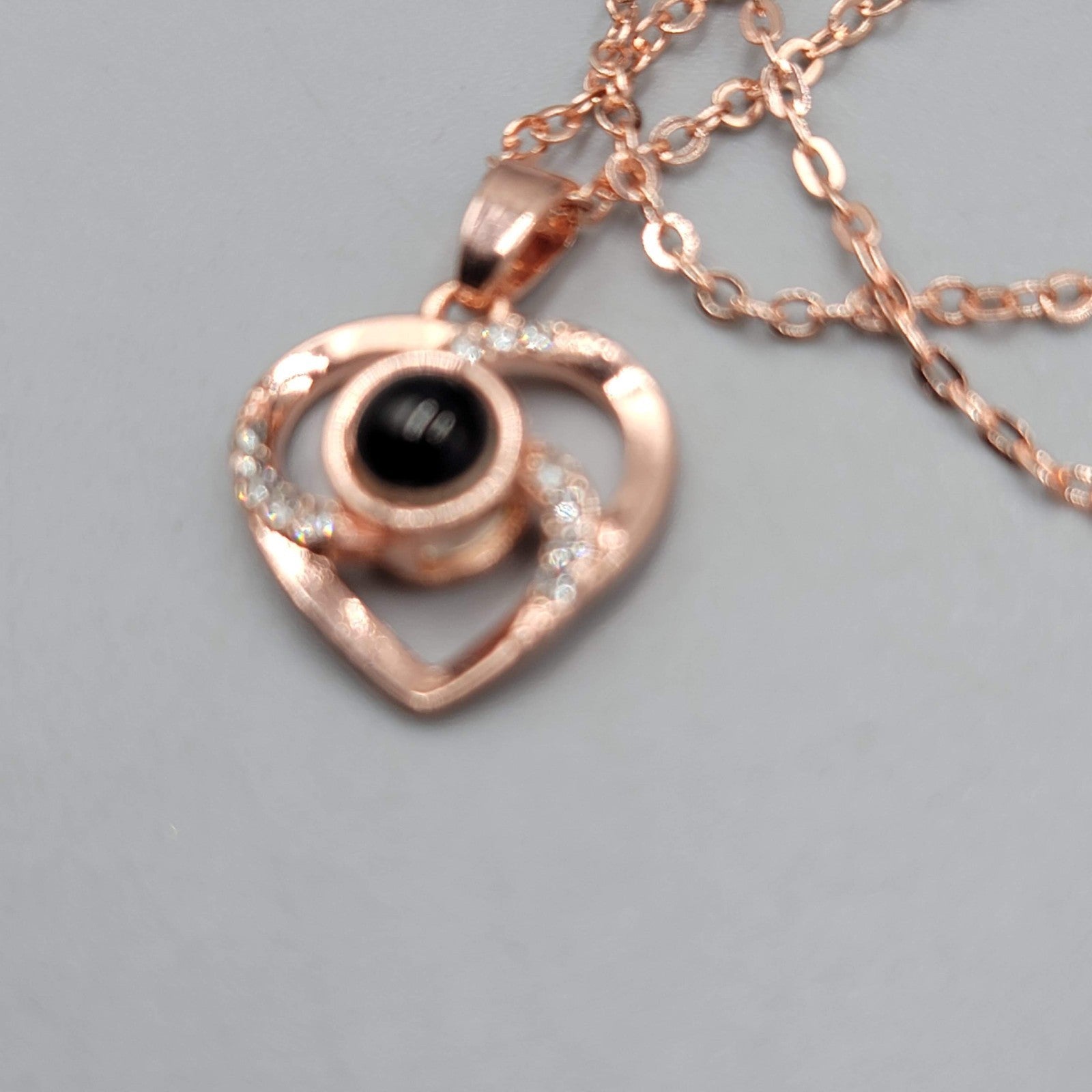I LOVE YOU in 100 Languages Light Projection Heart Necklace Rose Gold tone 16"+