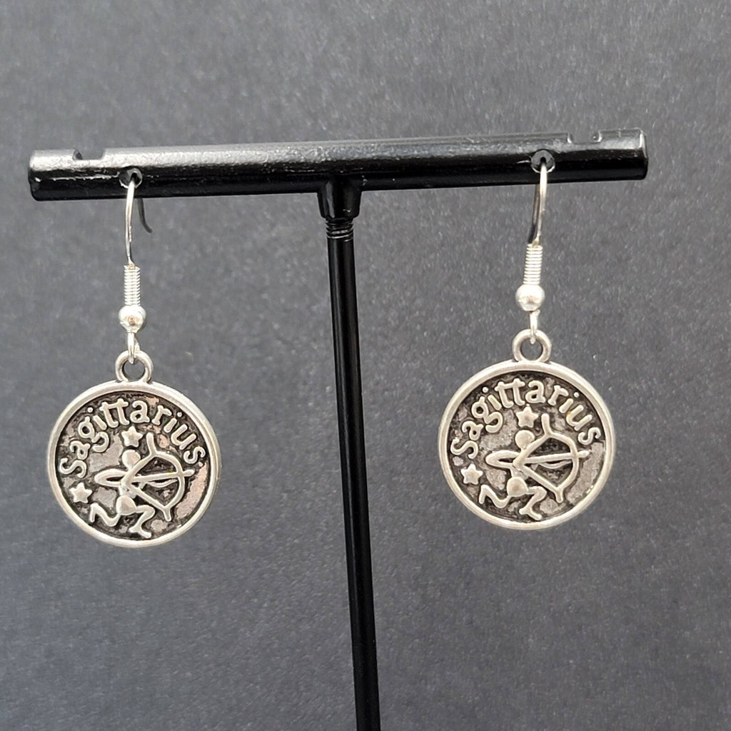 Sagittarius Pierced Earrings Silver tone Round Dangle Optimistic 3/4"