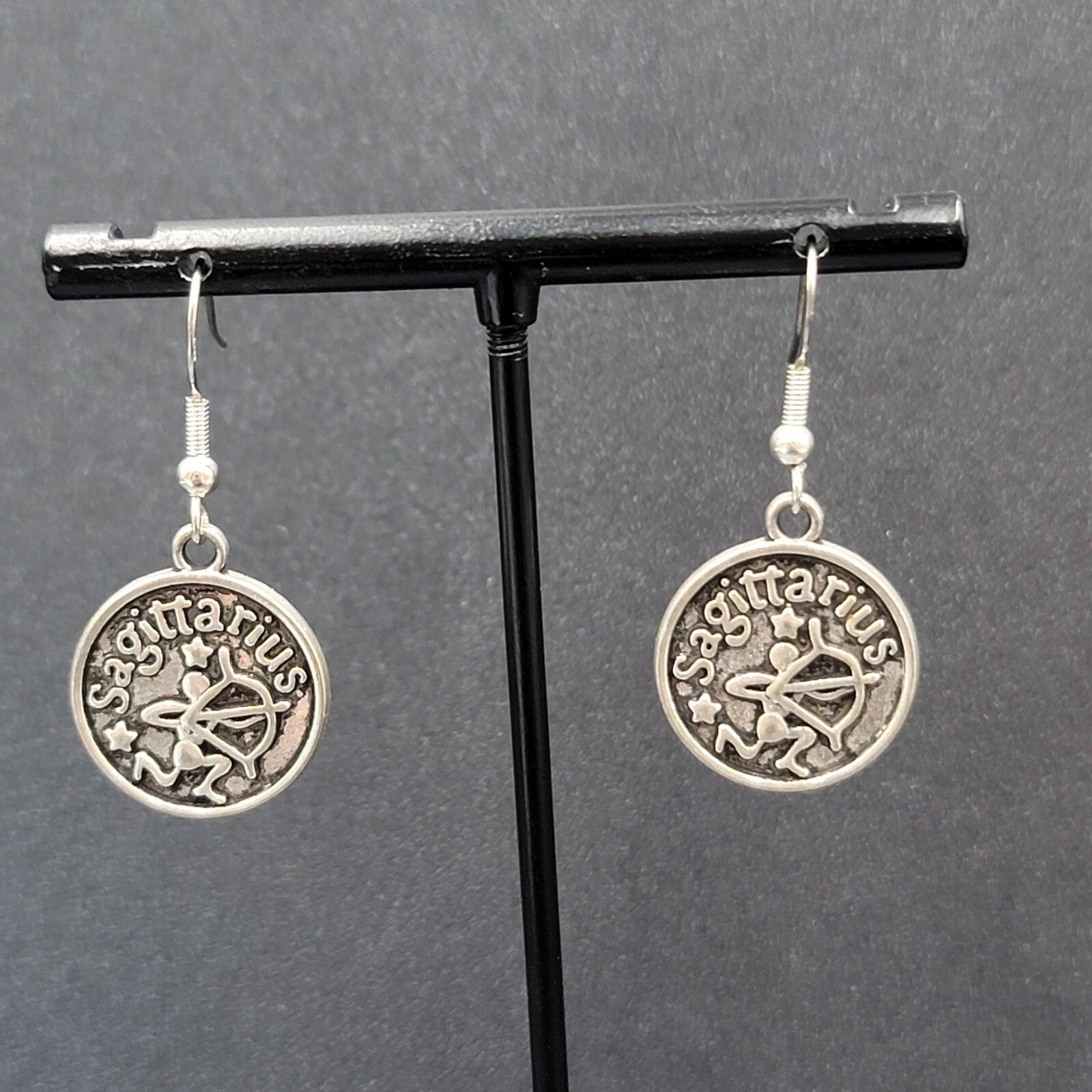 Sagittarius Pierced Earrings Silver tone Round Dangle Optimistic 3/4"