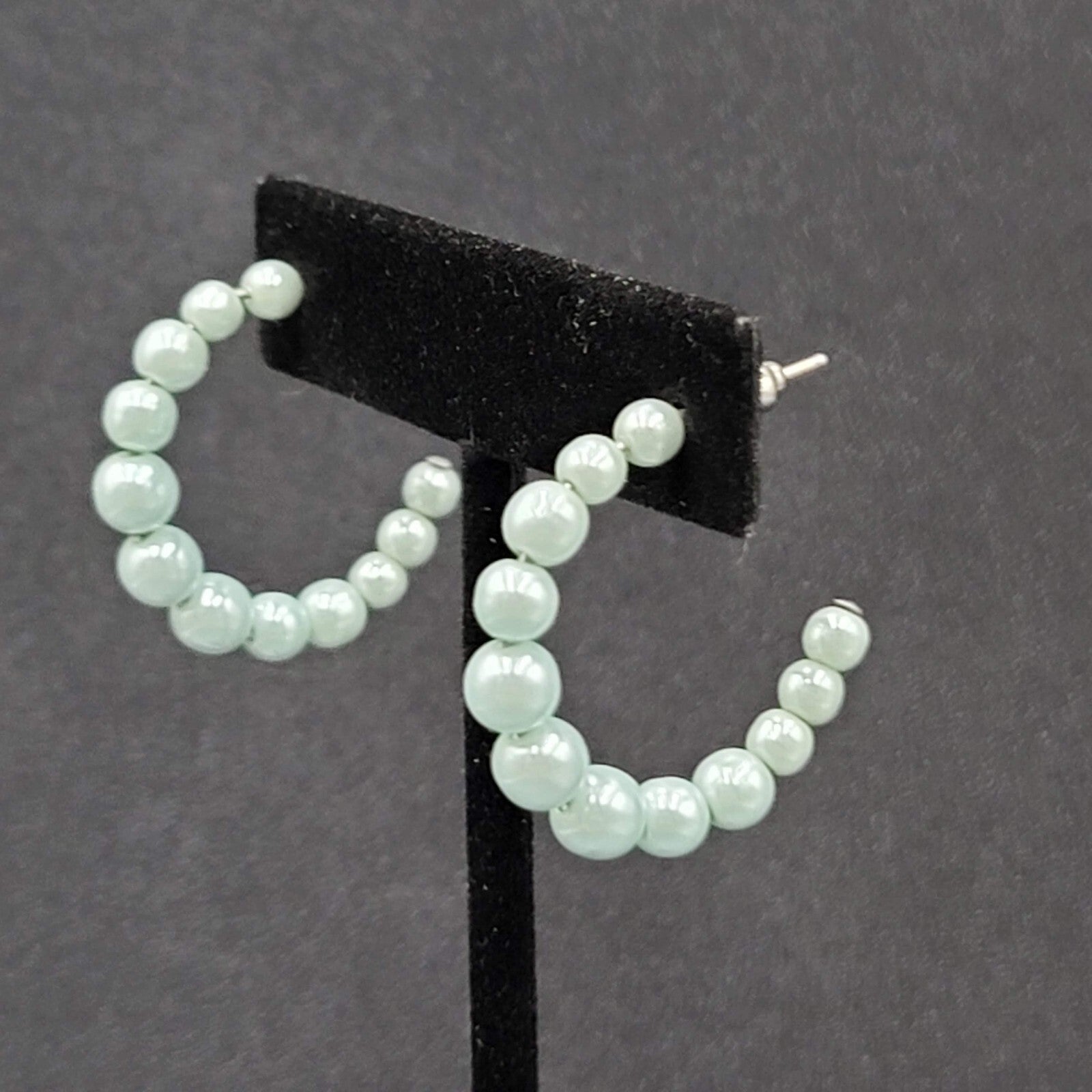 Vintage Pierced Earrings Baby Blue Graduated Beaded Hoops 1"