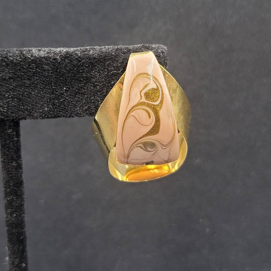 Vintage Pierced Earrings Gold tone Swirl Pink Statement Enamel Drop 1 1/8"