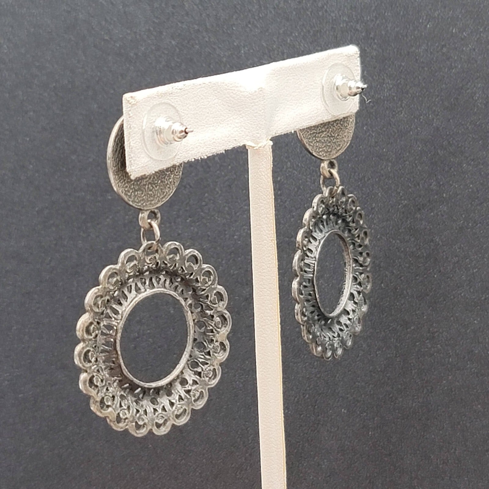 Pierced Earrings Silver tone Faux Acrylic Turquoise Dangle 2 3/8"
