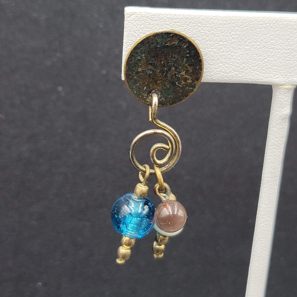 Pierced Earrings Tri tone Metals Glass Bead Modernist Dangle 1.75"