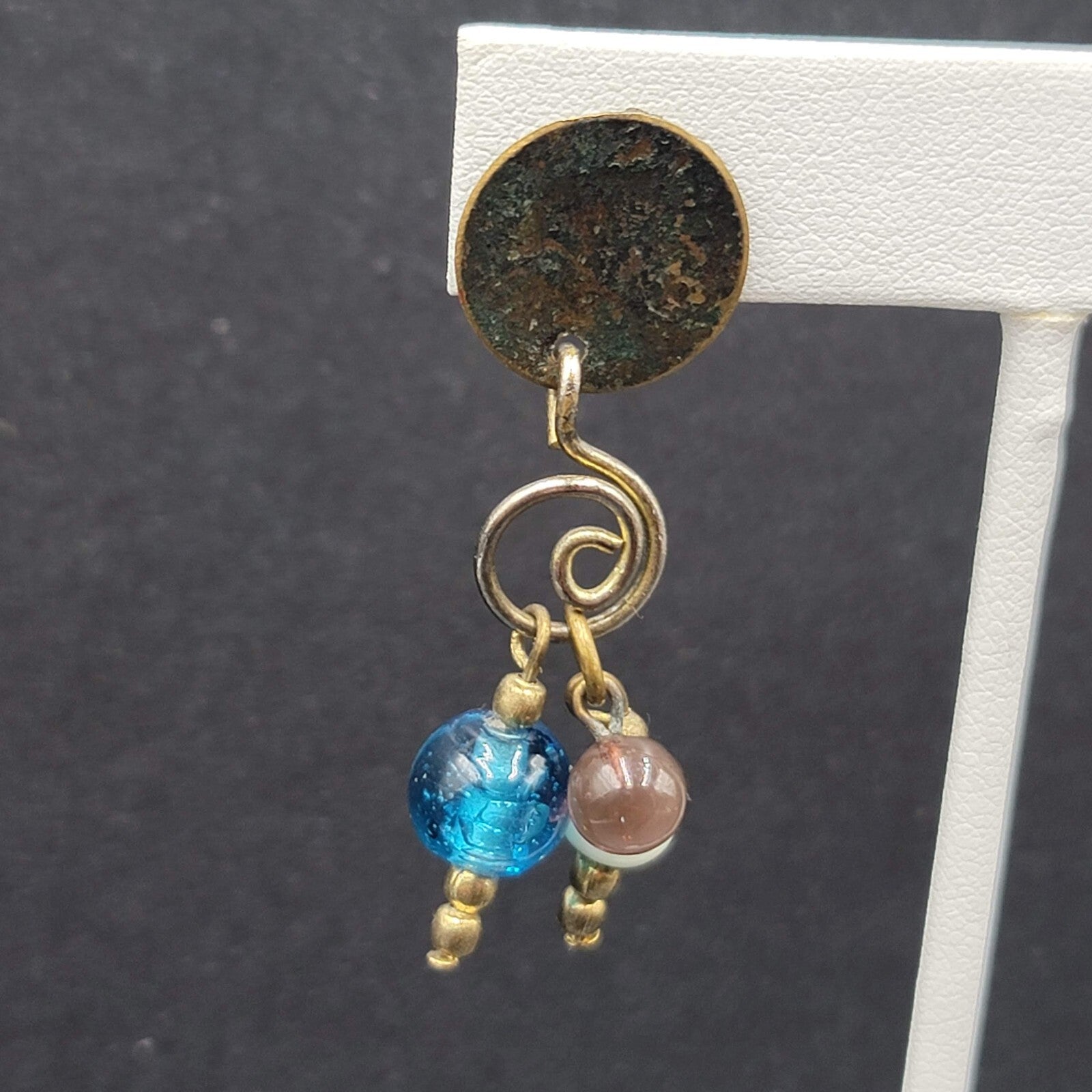 Pierced Earrings Tri tone Metals Glass Bead Modernist Dangle 1.75"